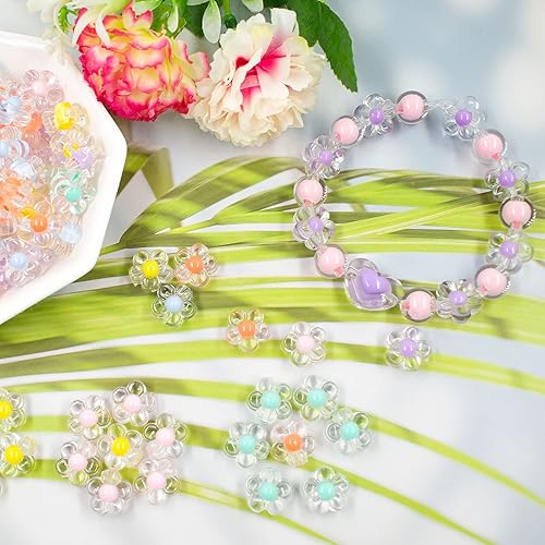 Miniatura 6 de 400 cuentas de pelo de flores de Hart Kawaii de colores macarrones, acrílico, pastel, hilo elástico, rondelle de cristal, estrella estética surtida