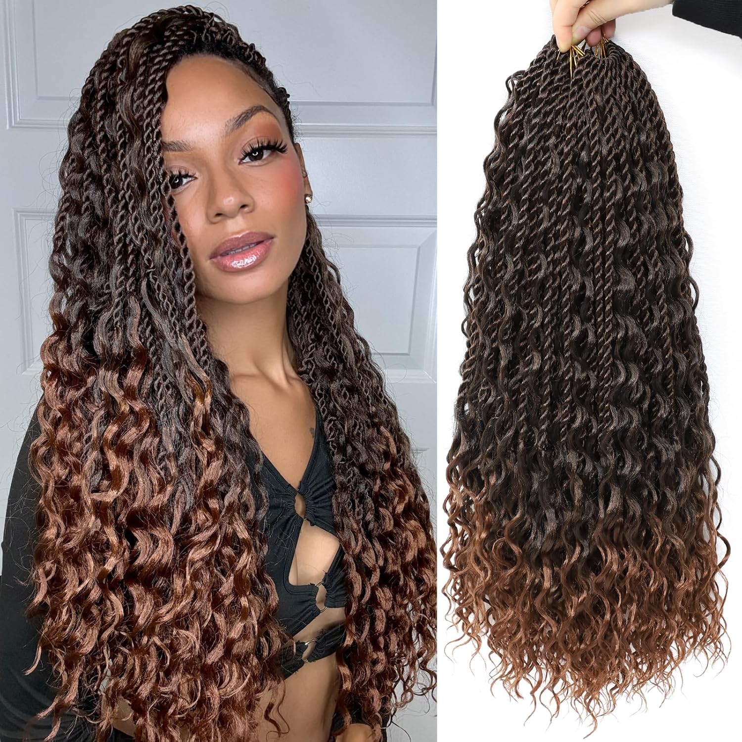 18 Inch 8 Packs Senegalese Twist Crochet Braids with Curly Ends Pre-Looped Boho Island Twist Ombre Brown Goddess Twists Long Hair Extensions For Black Women T30#