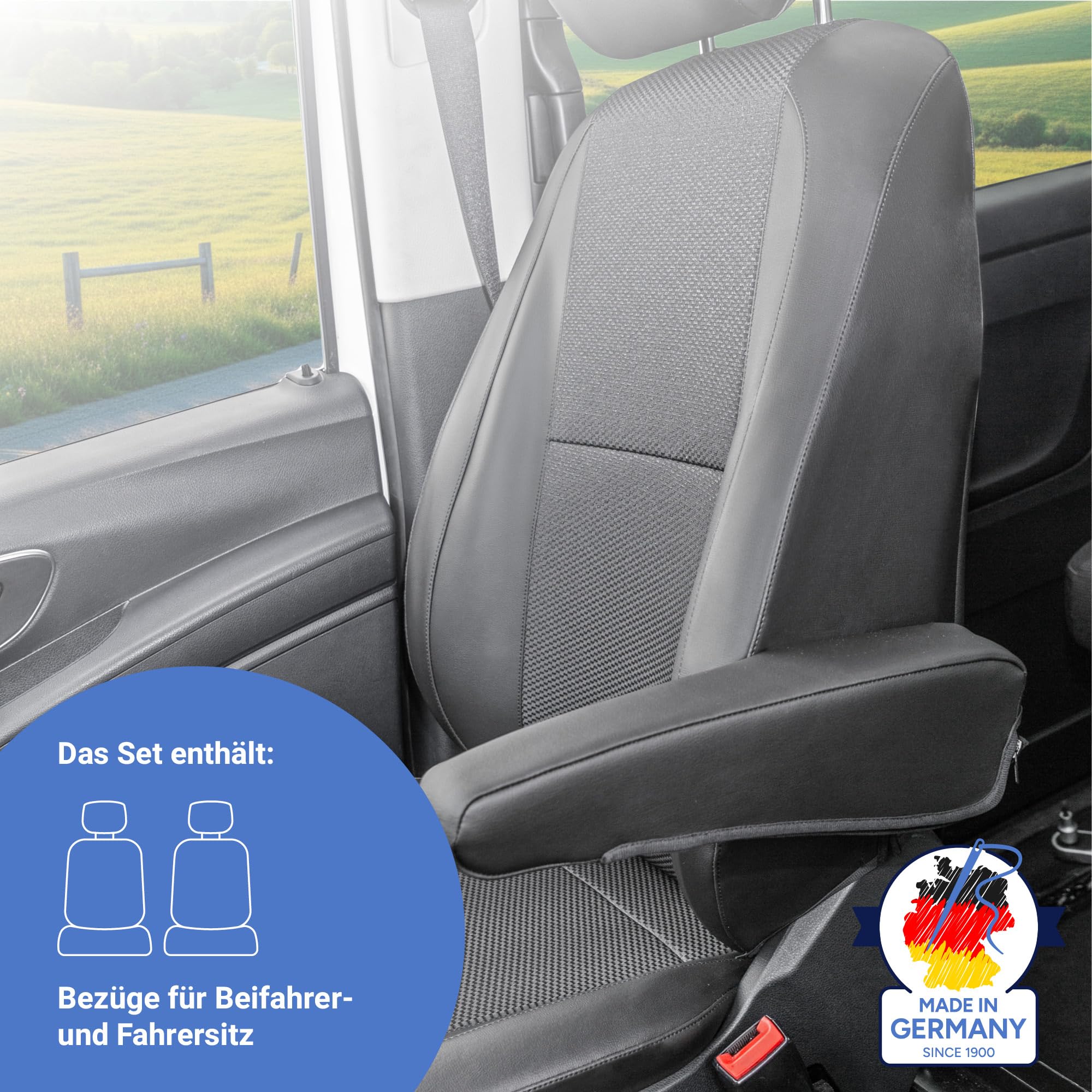 Premium-Passform Schonsitzbezug kompatibel mit Mercedes-Benz Vito BR 447 ab 2014 – Set Fahrersitz & Beifahrersitz, mit Airbagfunktion, robuste Sitzbezüge in Schwarz – Made in Germany