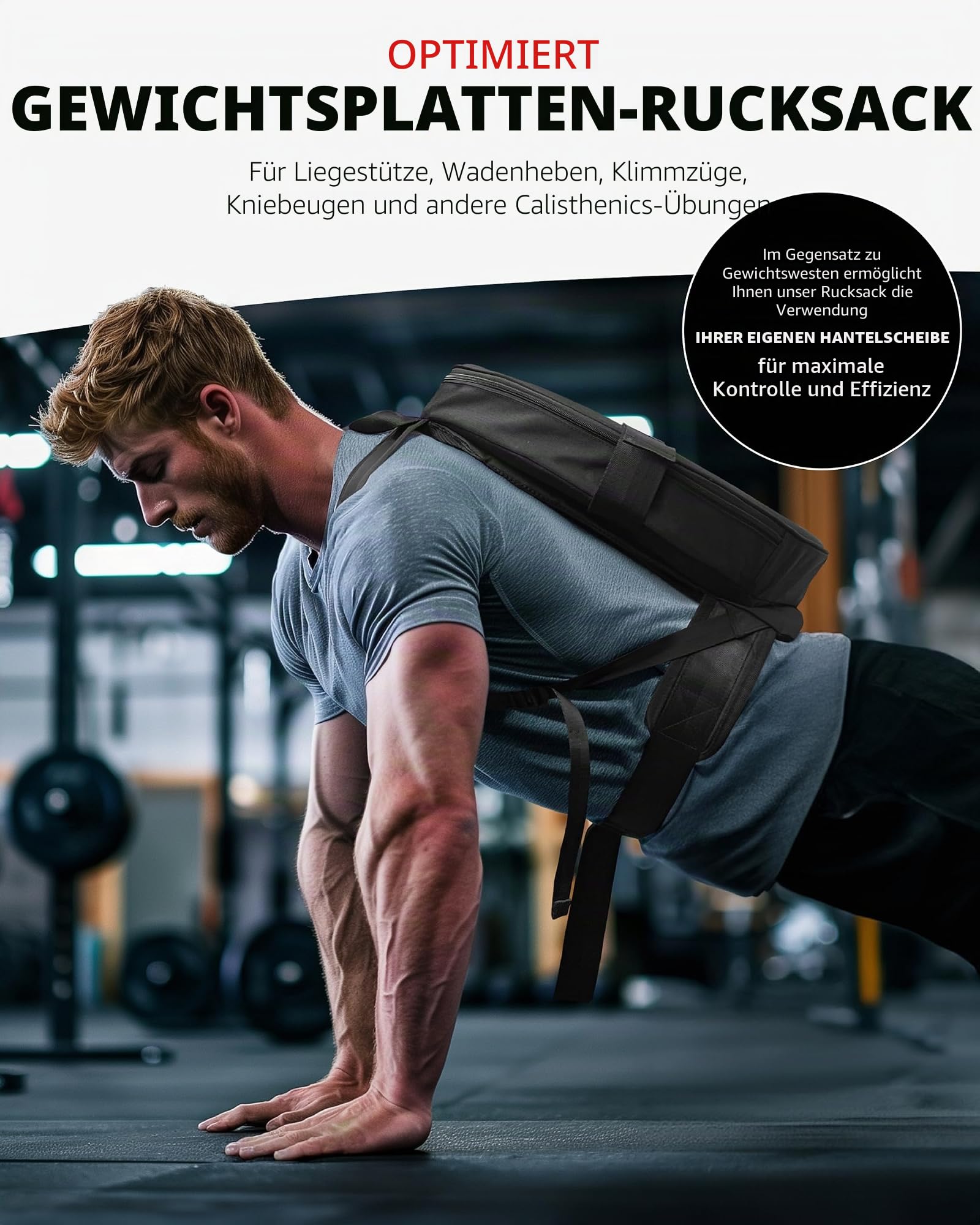 THEFITGUY Gewichteter Rucksack für Hantelscheiben im Fitnessstudio, für Liegestütze, Wadenheben, Kniebeugen, Tragen auf Rücken oder Vorderseite, passend für bis zu 44,5 cm Durchmesser, 6,3 cm dicke