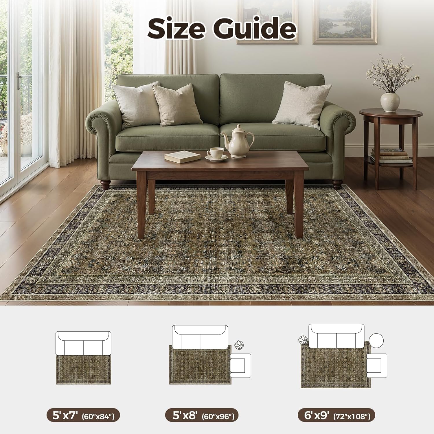 WITSHOCK Brown Olive Living Room Rug 6x9: Vintage Boho Modern Aesthetic Home Decor, Extra Large Dining Room Rugs for Under Table, Oushak Farmhouse Carpet for Bedroom Bedside Kitchen Playroom