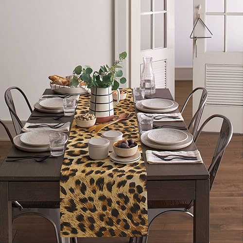 Miniatura 3 de Camino de mesa de comedor de lino de algodón con estampado de leopardo, decoración de safari de vida silvestre, temática de gato grande,
