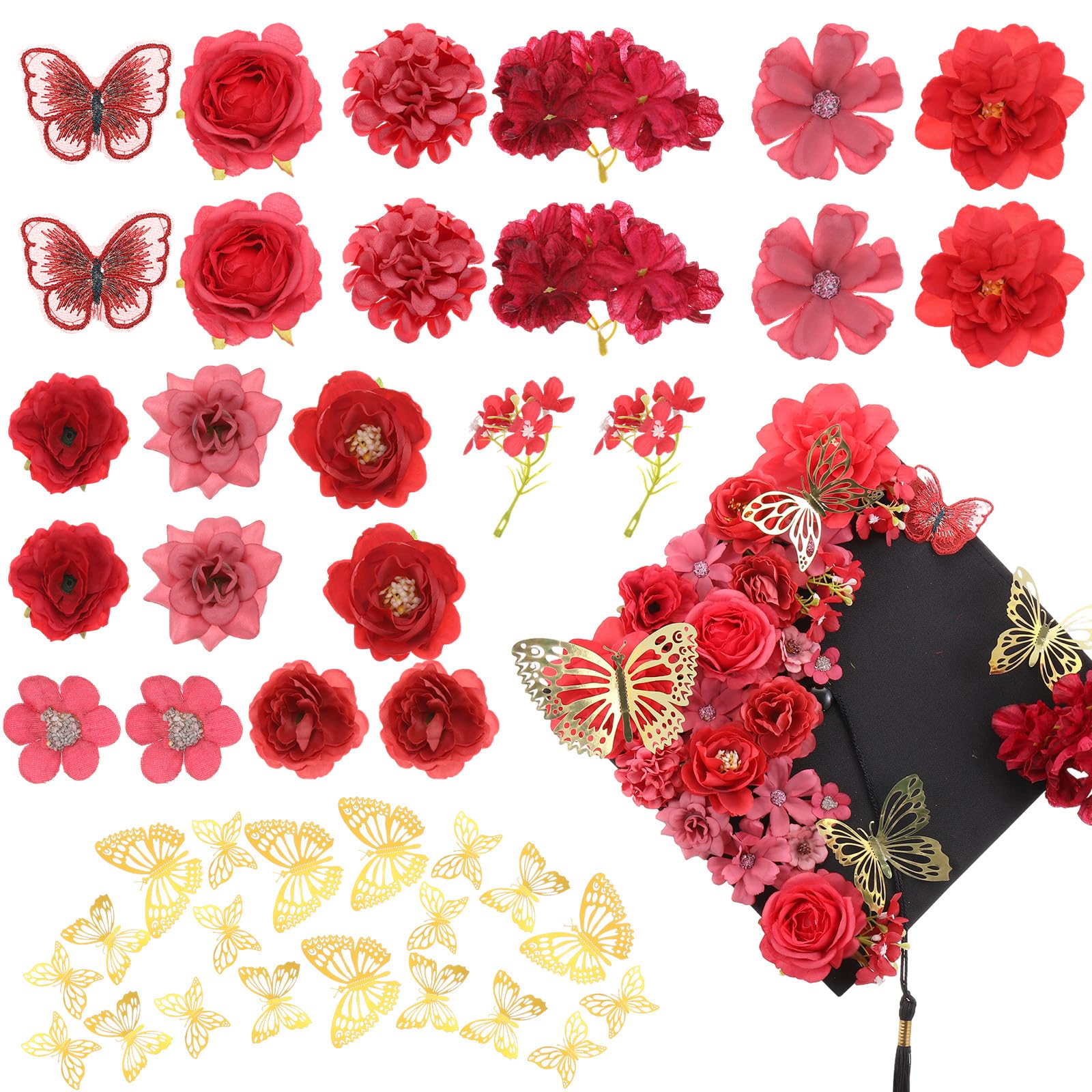 36 Pcs DIY Graduation Cap Decorations Accessory Kit Include Faux Flower Heads and 3D Glitter Butterfly for Graduation Cap Decoration Home Decor Cake Wreath Craft Decor(Red)