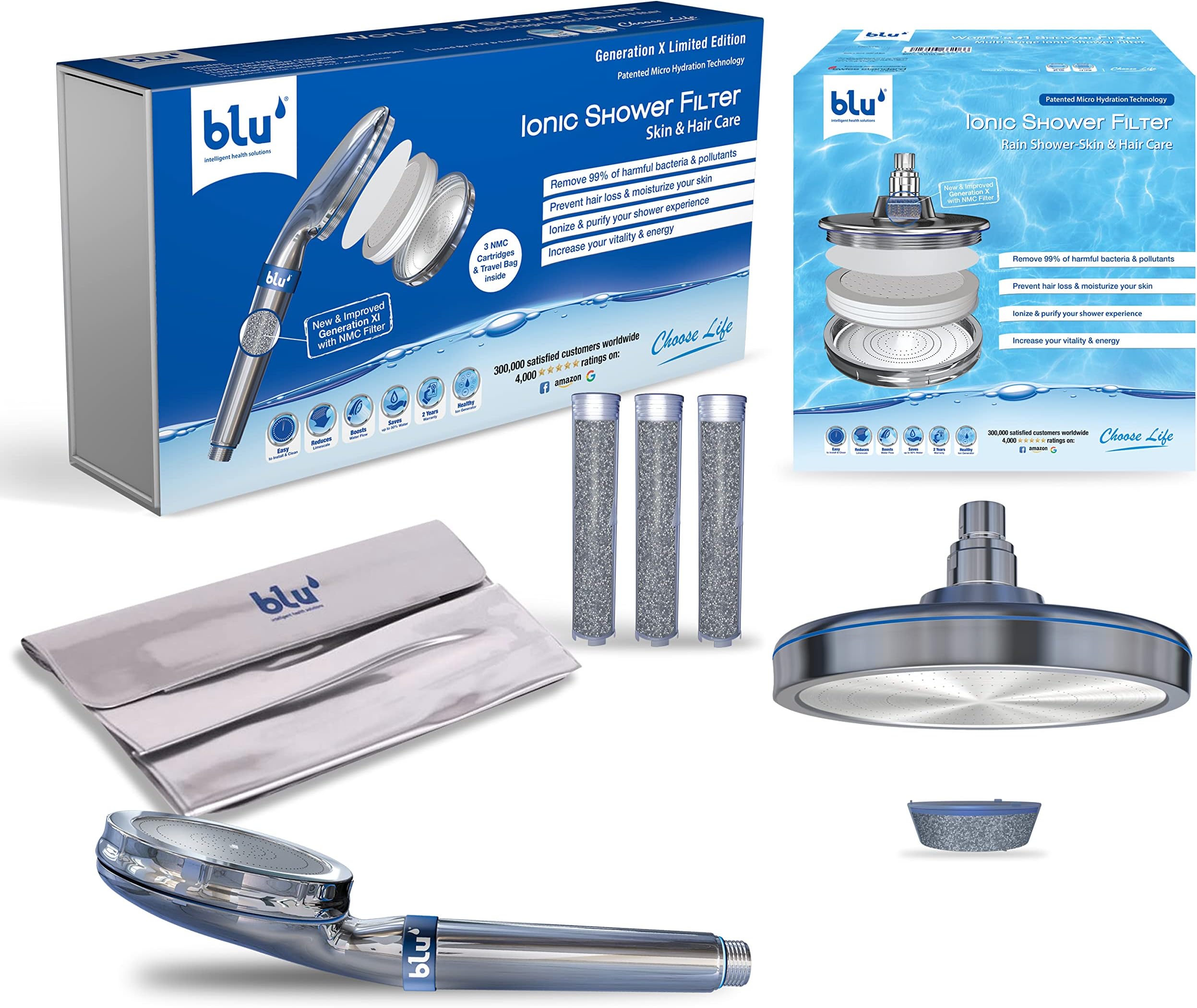 blu Ionic Shower Head & Filter - Handheld + Rain Shower Bundle - Removes Chlorine & Harmful Pollutants - Skin & Haircare - Chrome