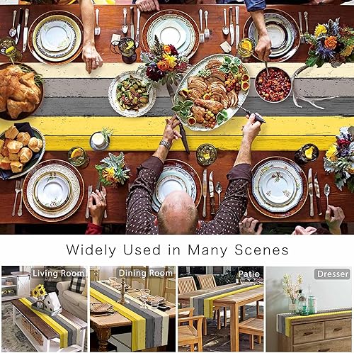 Miniatura 52 de Camino de mesa de algodón y lino estilo granja rústico retro, textura de madera de granero, color degradado marrón y gris, antideslizante,