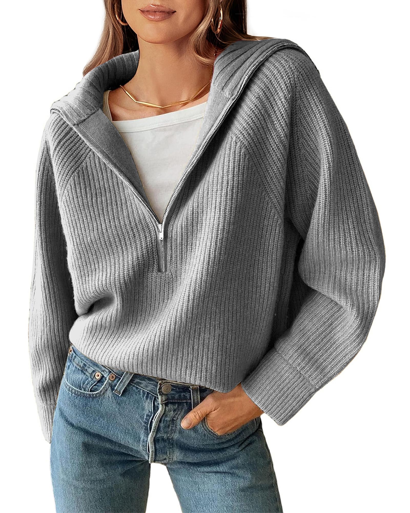 BTFBM Womens Sweaters Quarter Zip Pullover V Neck Collar Long Sleeve Ribbed Knit Loose Casual 2026 Winter Fall Sweater
