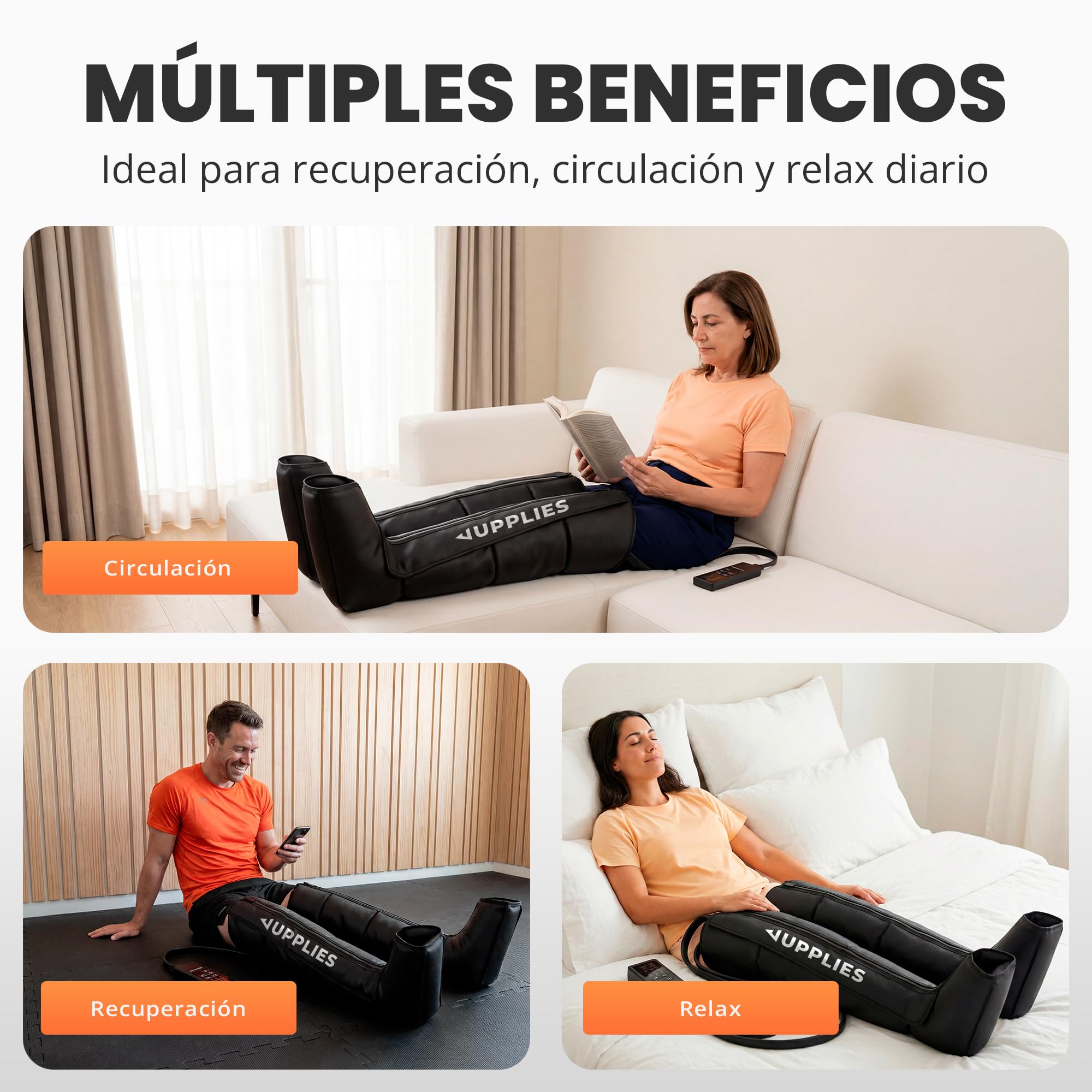 JUPPLIES Máquina Presoterapia para Casa con Botas - 6 Modos, 9 Niveles y Temporizador - Presoterapia Piernas Profesional para Drenaje Linfático, Circulación y Recuperación Muscular - con Bolsa (L)