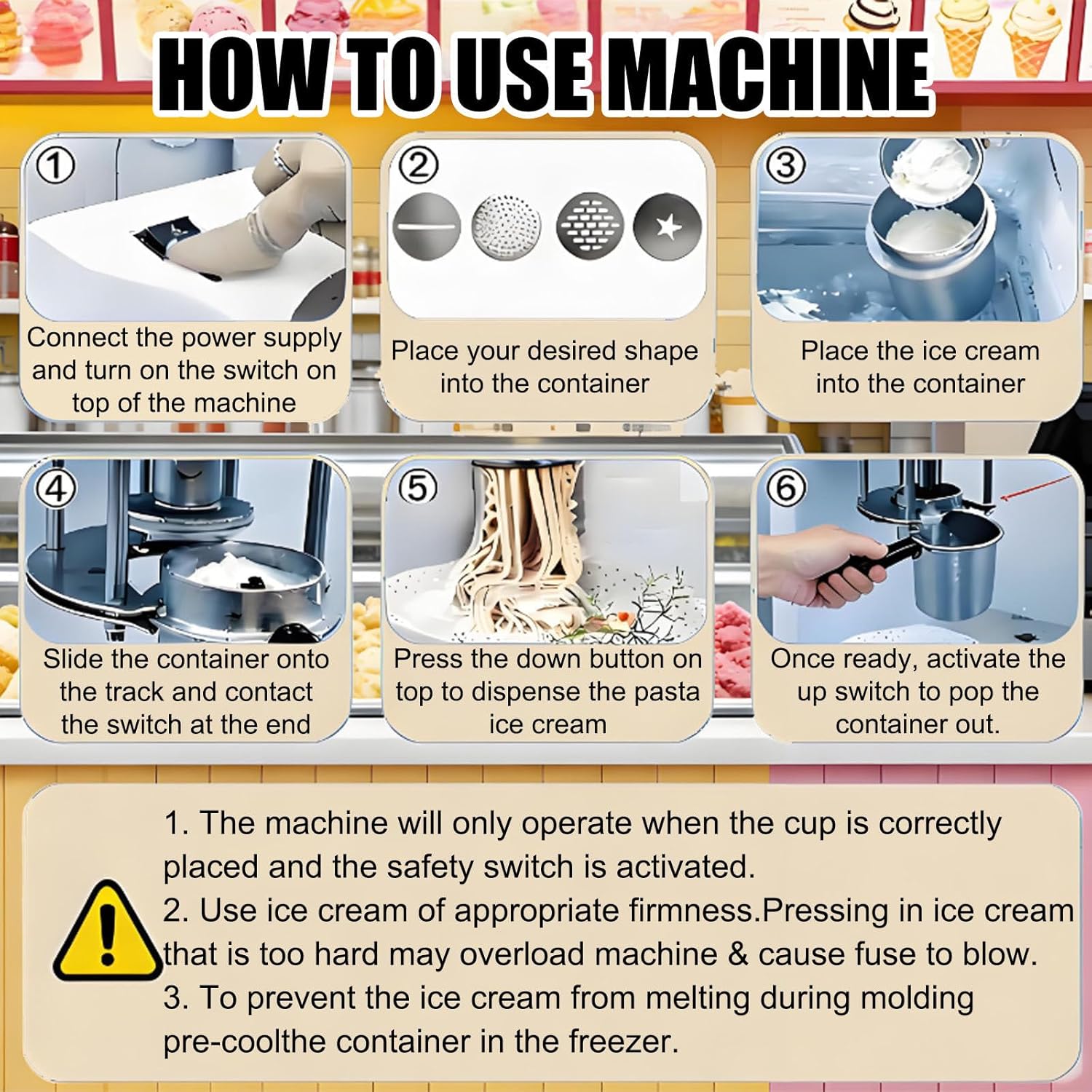 Commercial Spaghetti Ice Cream Maker Machine,4 In 1 Soft Ice Cream Extruder Machine W/ 4 Noodle Shape Molds,420ml Hopper,7.4-7.9 Gal(28-30l)/Hr,80w Noodle & Spaghetti Ice-Cream Press TypeB