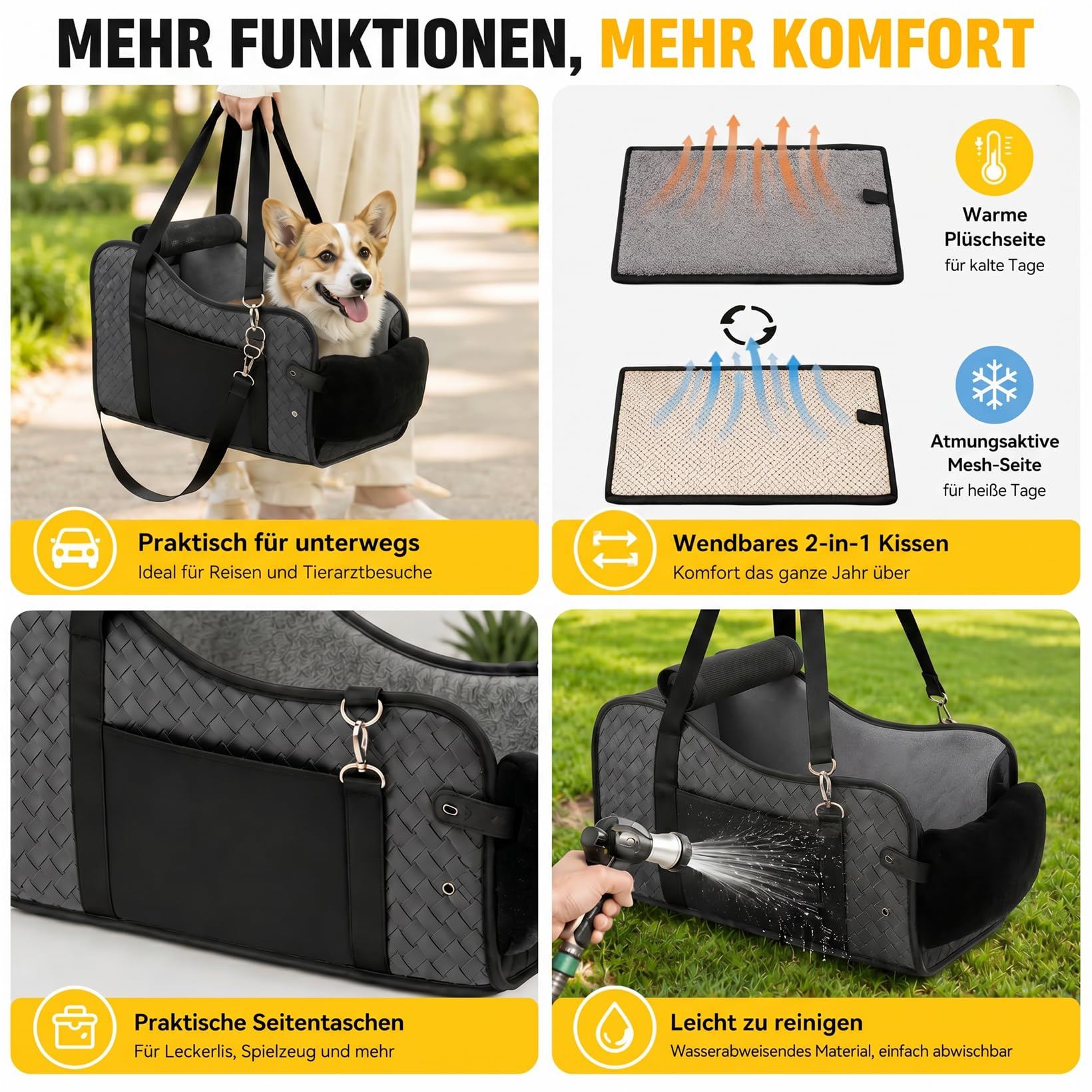 Siège auto pour petits chiens et chats, console centrale pliable, siège pour animal domestique avec double fixation et ceinture de sécurité, poches latérales max 7 kg, convient à 99 % des accoudoirs