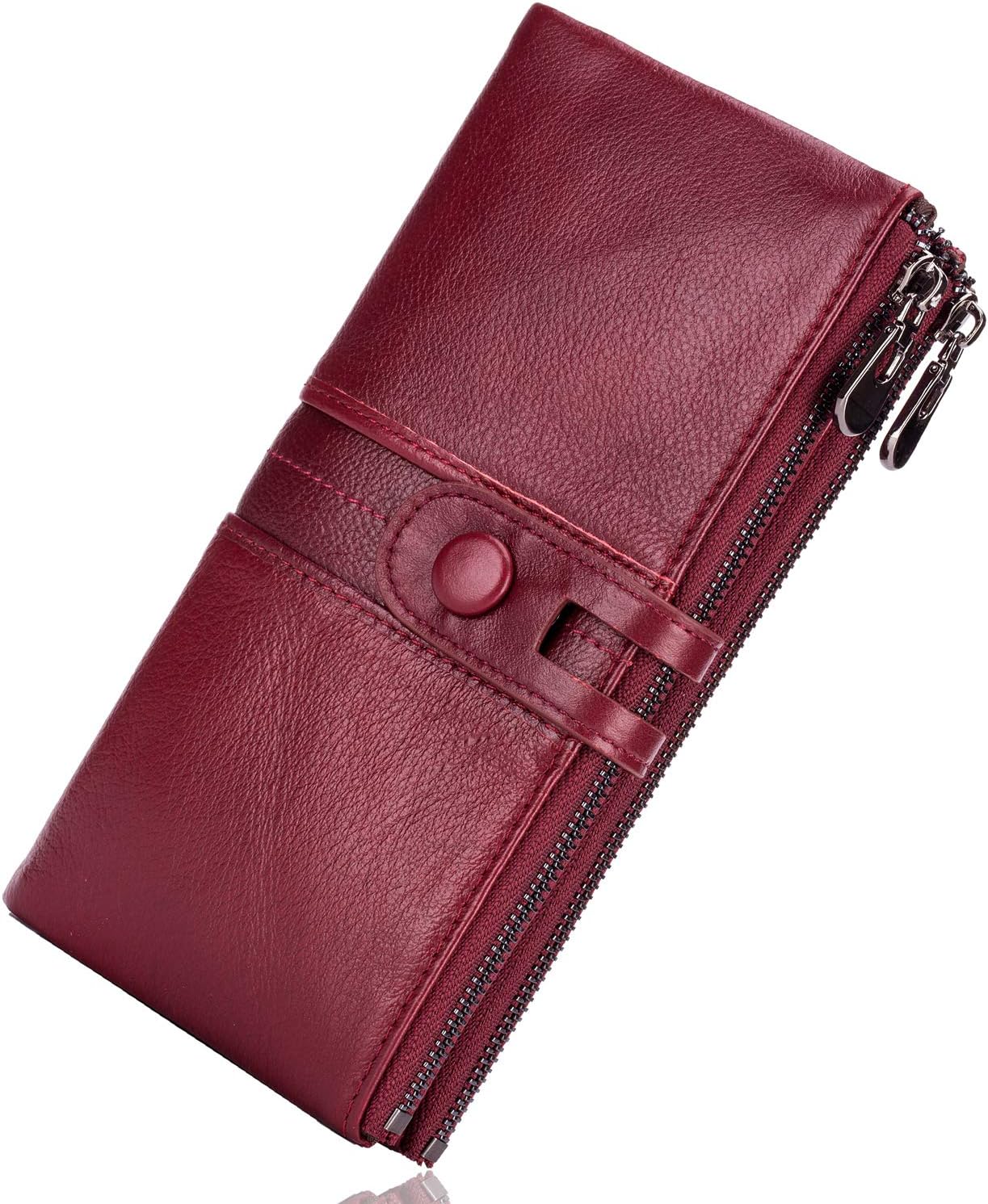 Genuine Leather Women's Wallets,Multi-Function Slim Bifold Zipper Clutch Purse,Large Capacity Card Holder with RFID Blocking