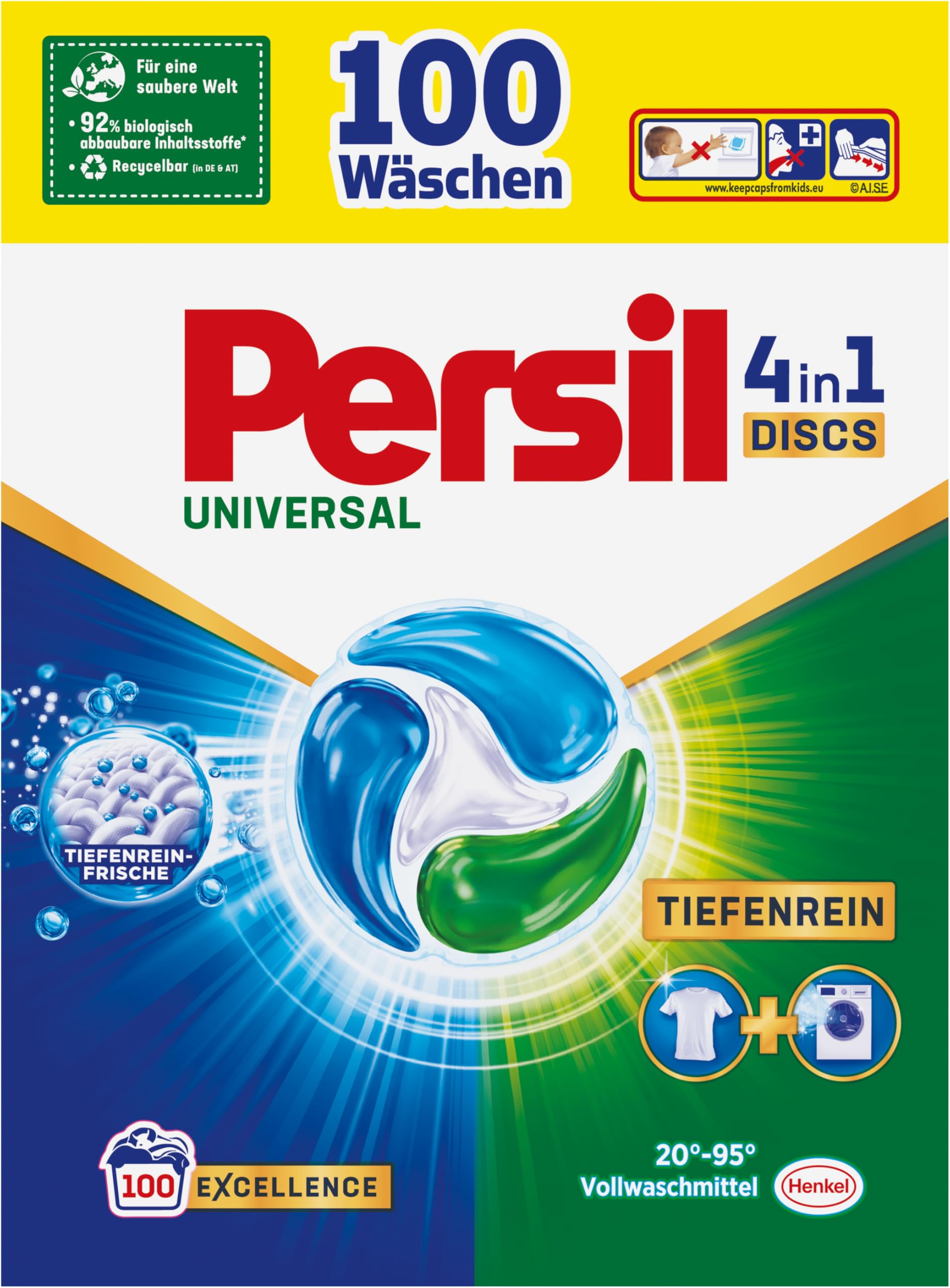 Persil Tiefenrein 4in1 DISCS (100 Waschladungen), Universal Waschmittel mit Tiefenrein-Frische, Vollwaschmittel für reine Wäsche und hygienische Frische für die Maschine