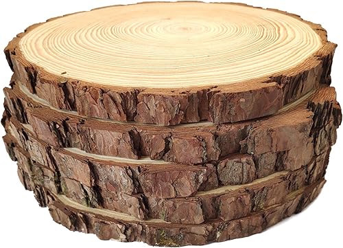 Losas redondas de madera de pino natural, paquete de 5 rebanadas redondas de madera rústica, de 9 a 11 pulgadas, rodaja de corteza de árbol rústico,