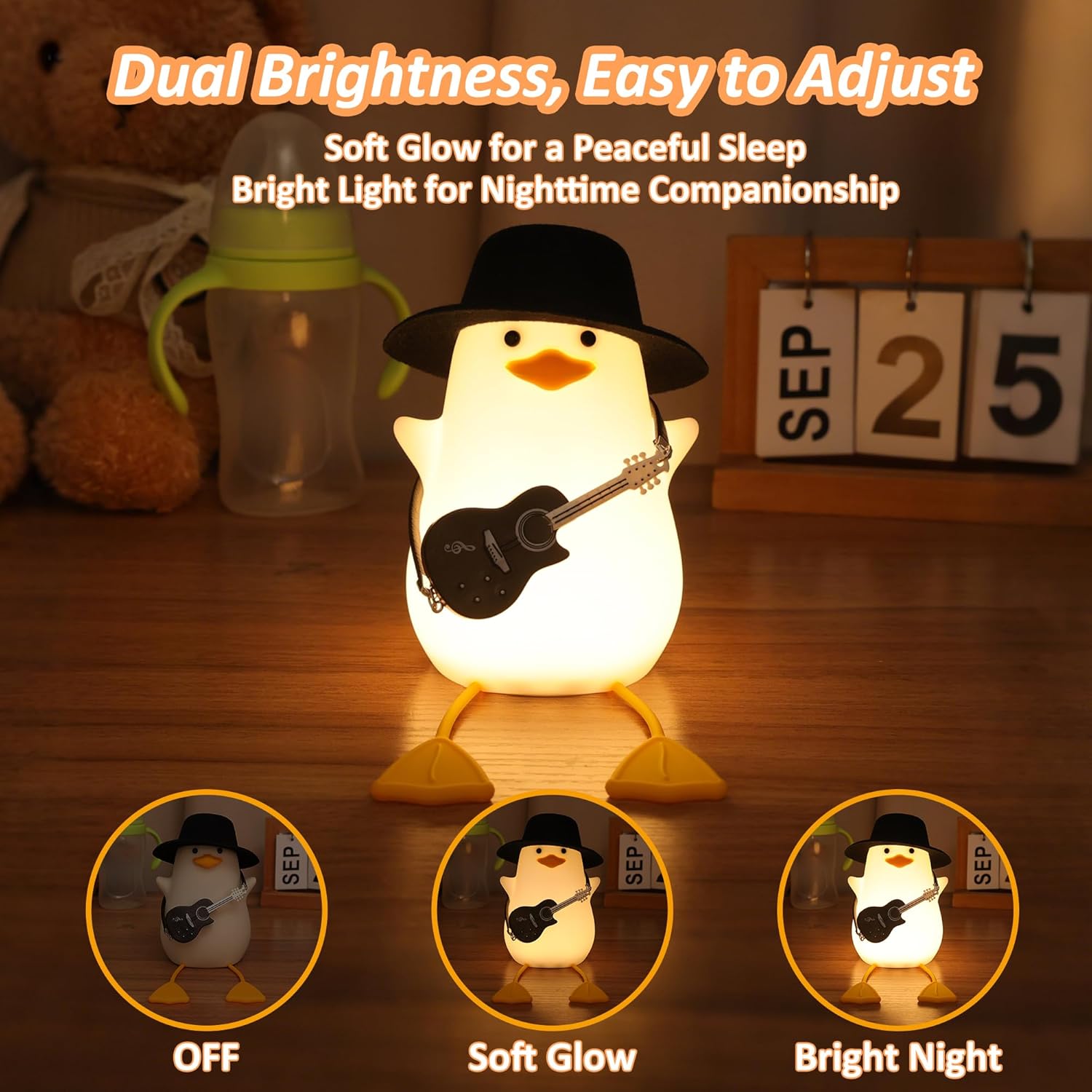 Anywin Duck Night Light, Squishy Duck Lamp, Silicone Bedside Light Up Funny Duck with Dimmer & Rechargeable. Birthday Gifts for Friends Women(Guitar Duck)
