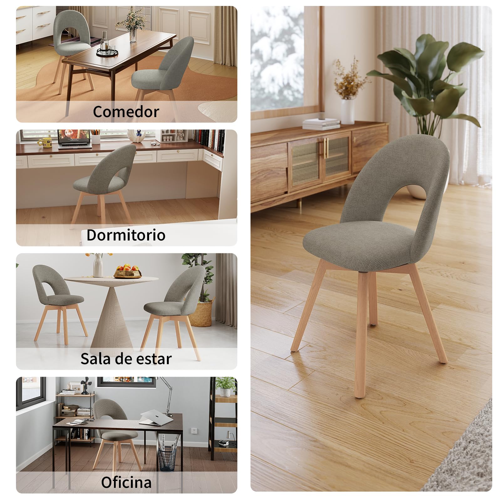 WAFTING Sillas de Comedor giratorias Patas Madera, Pack 4，Marrón Oscuro | Giratorio 360° silencioso, tela de lino gruesa con respaldo calado transpirable, apto para comedor, cocina, sala
