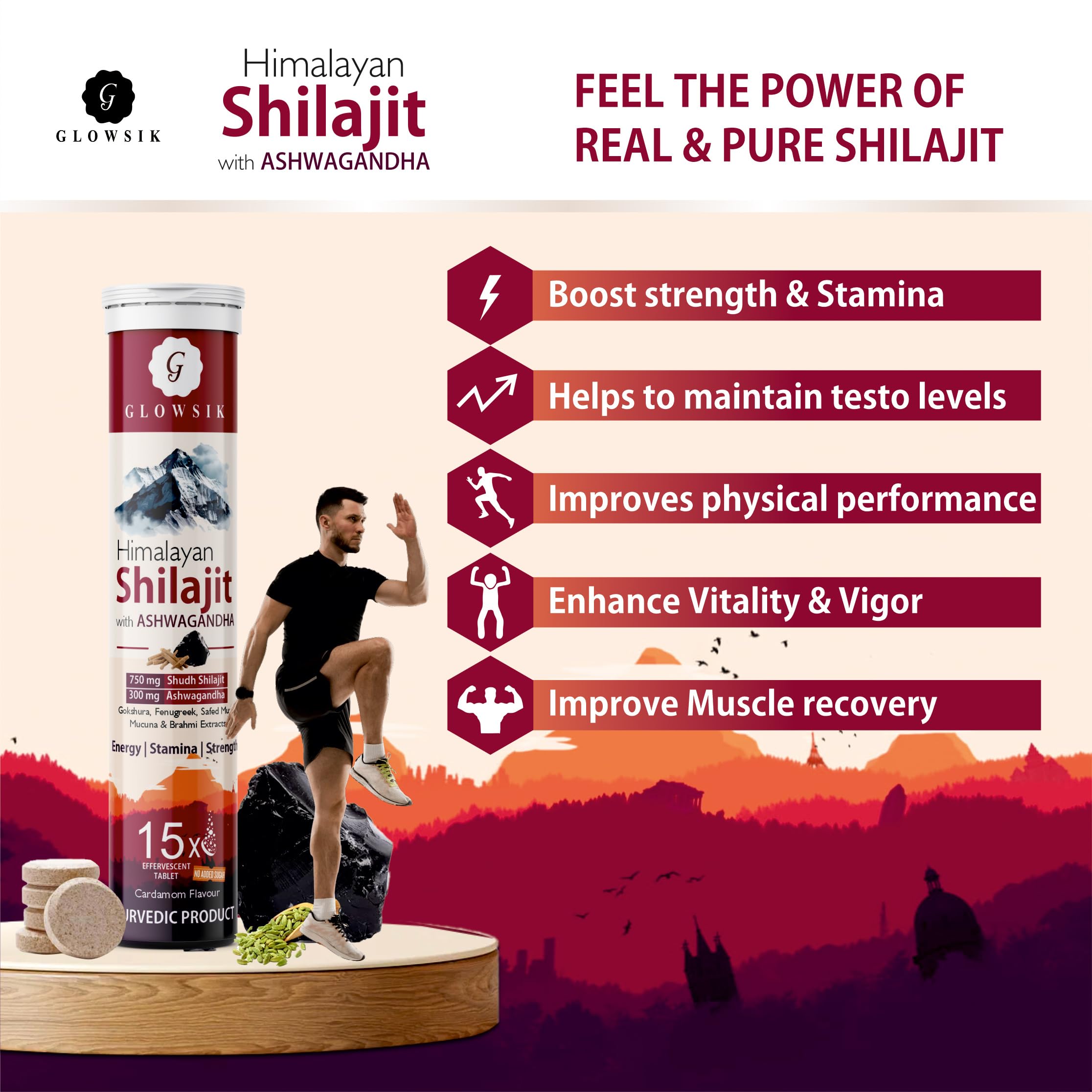 GLOWSIK Himalayan Shilajit Original (750mg) 30 Effervescent Tablets, With Ashwagandha, Gokshura & Safed Musli for Strength, Performance & Muscle Recovery, Cardamom Flavour | Ayush Approved | Pack of 2 — Amazon image 3