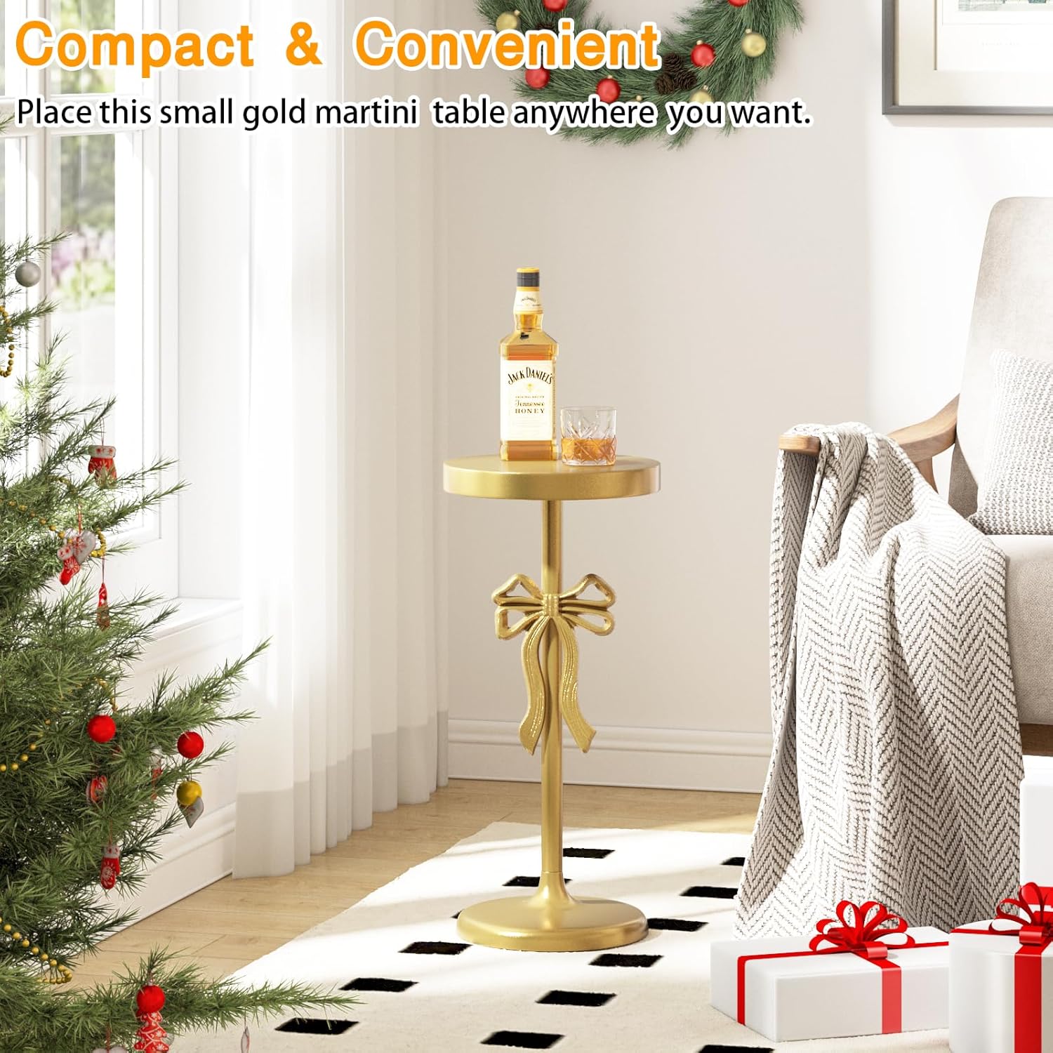 Gold Drink Table, Metal Martini Side Table - 9.9" x21.7'', Gold Small Accent Table with Bow Decoration, Pedestal End Table for Small Spaces