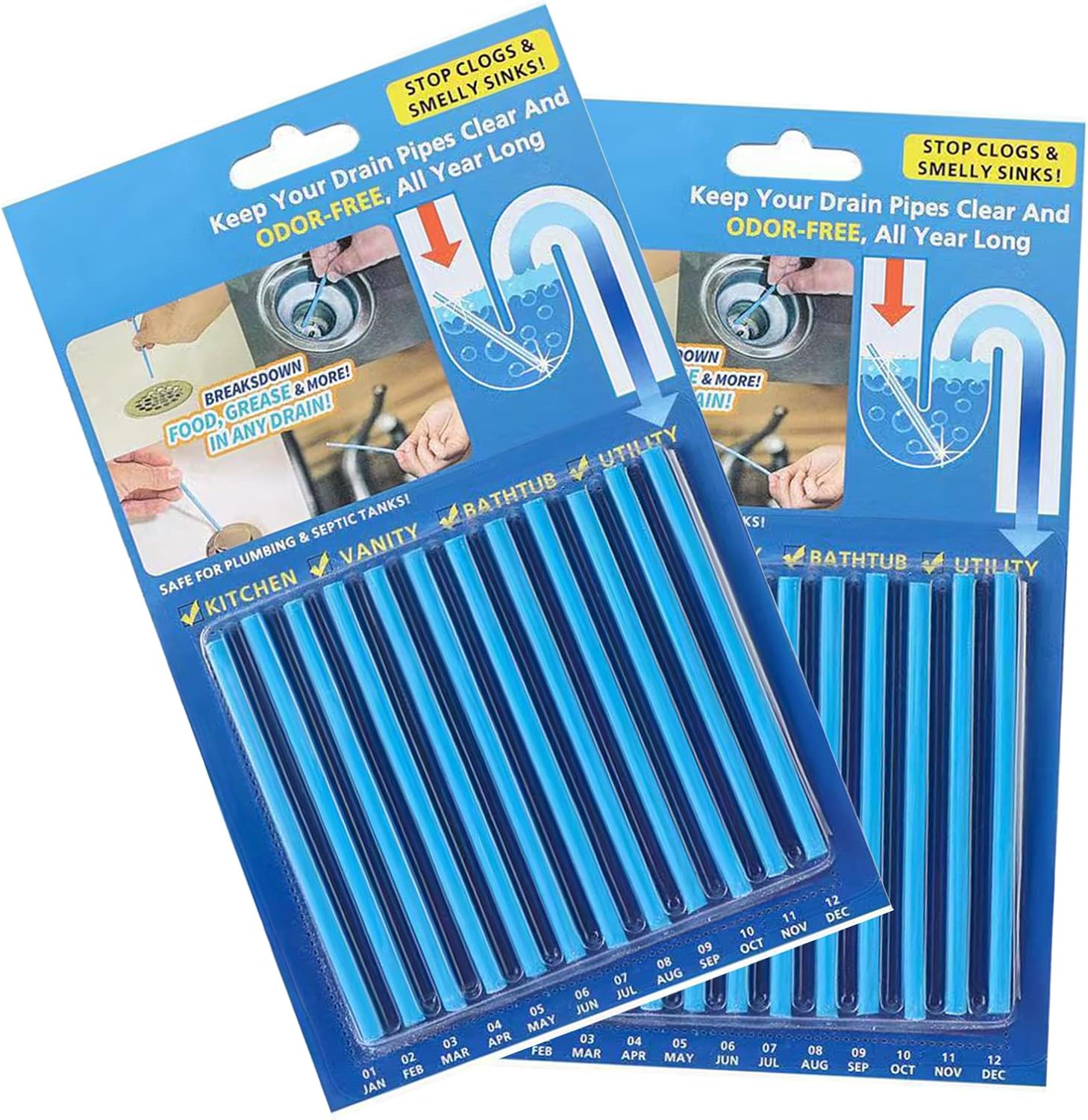 2 Packs of 12 Drain Cleaner Sticks & Sink Deodorizer Sticks for