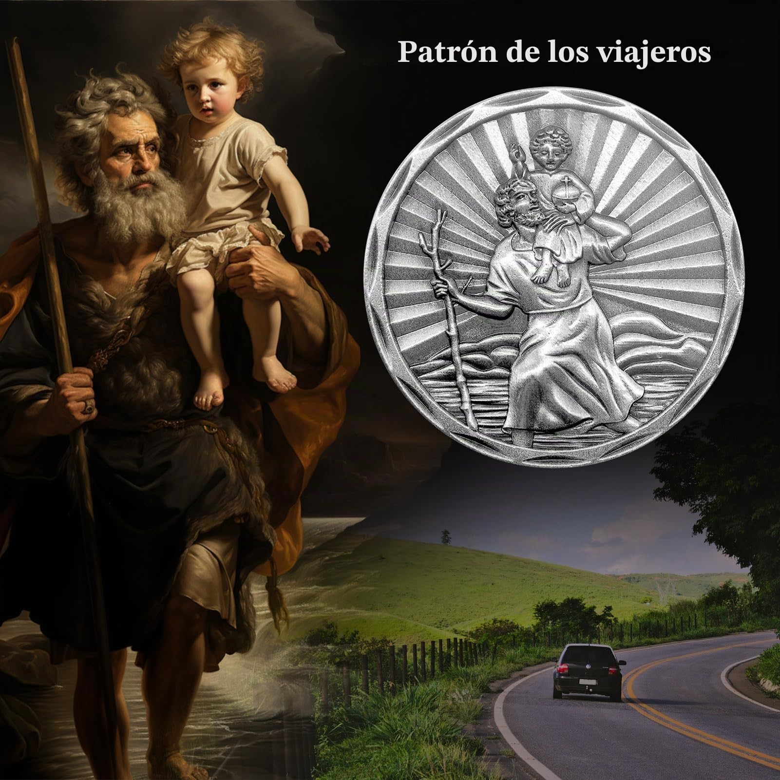 Placa de San Cristóbal para Coche, diámetro de 3,4 cm, Medalla de San Cristóbal para protegernos y Venir a casa, con imán y 3 Pegatinas Adhesivas de Doble Cara, 1 Pieza de Hierro (Plata Vieja)