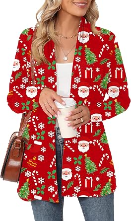 Womens Christmas Long Sleeve Lightweight Cardigan Xmas Graphic Print Coat