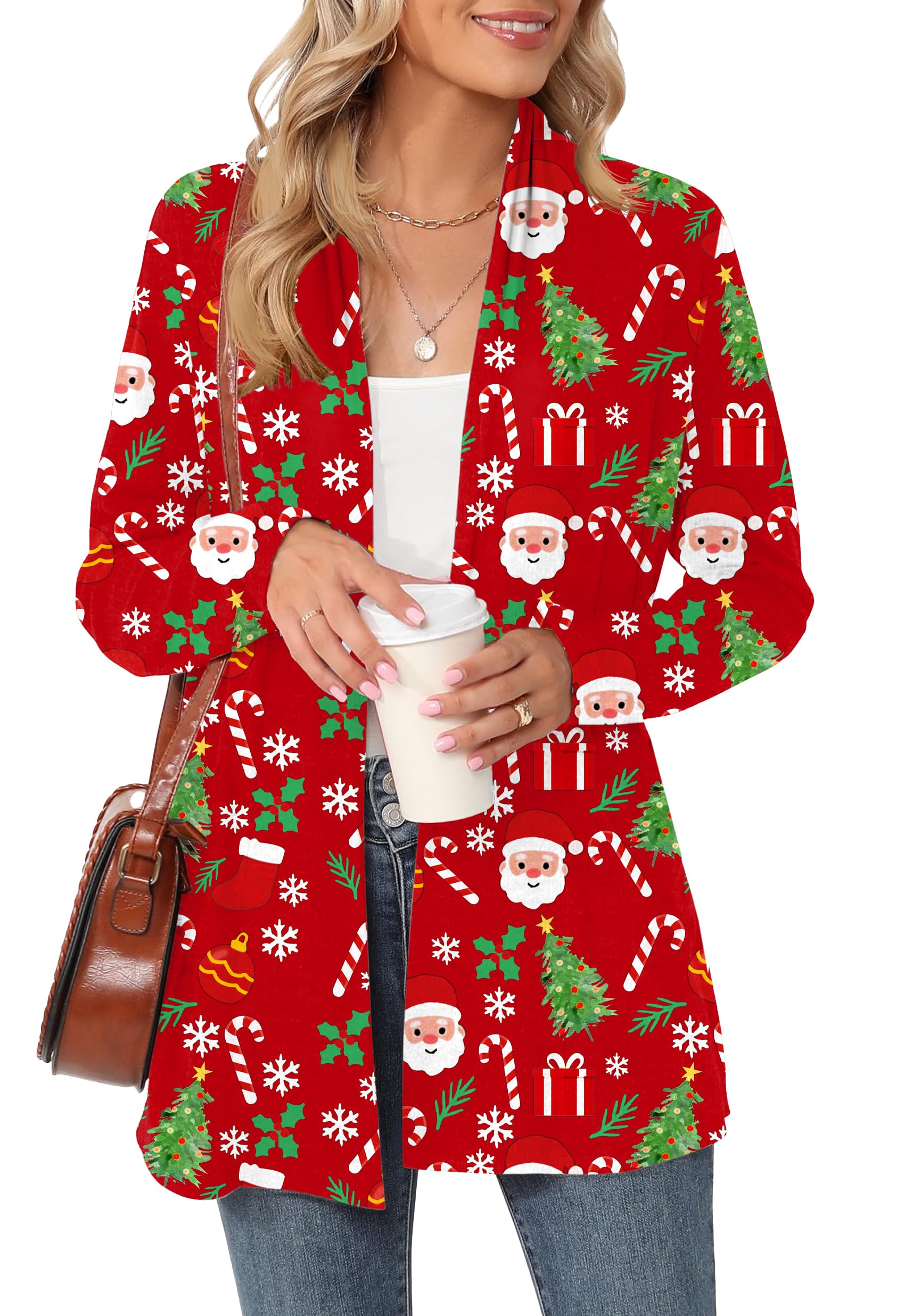 Womens Christmas Long Sleeve Lightweight Cardigan Xmas Graphic Print Coat