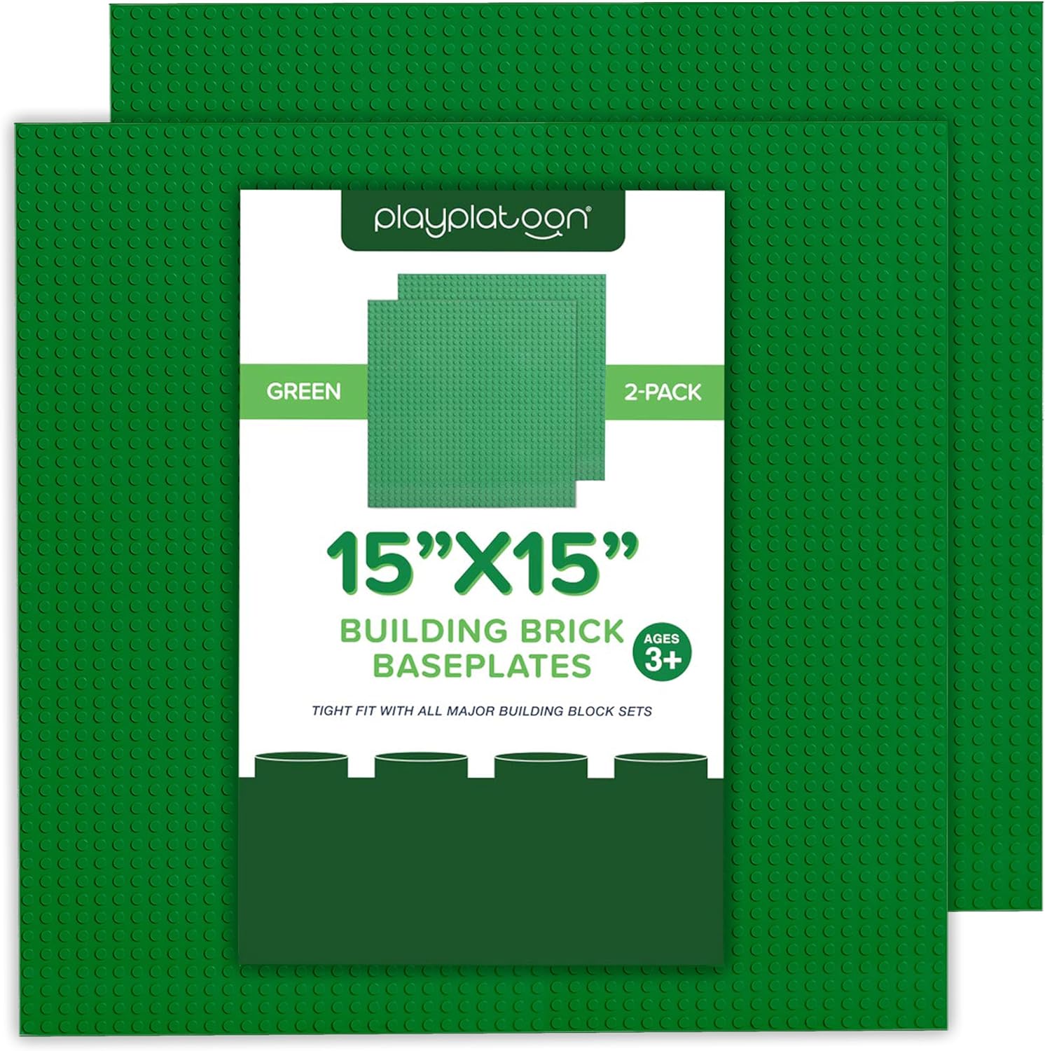 Play Platoon 15 Inch x 15 Inch Baseplate for Building Bricks - Extra Large Landscape for Building Blocks - Green Classic Platform Baseplates Compatible with All Major Brands, 2 Pack