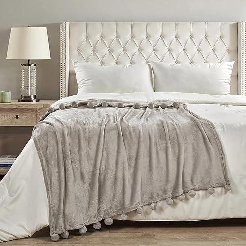 Miniatura 2 de Manta con pompones para sofá, manta de franela de vellón con borlas de flecos de pompones, manta de felpa, esponjosa, acogedora, cálida, suave,