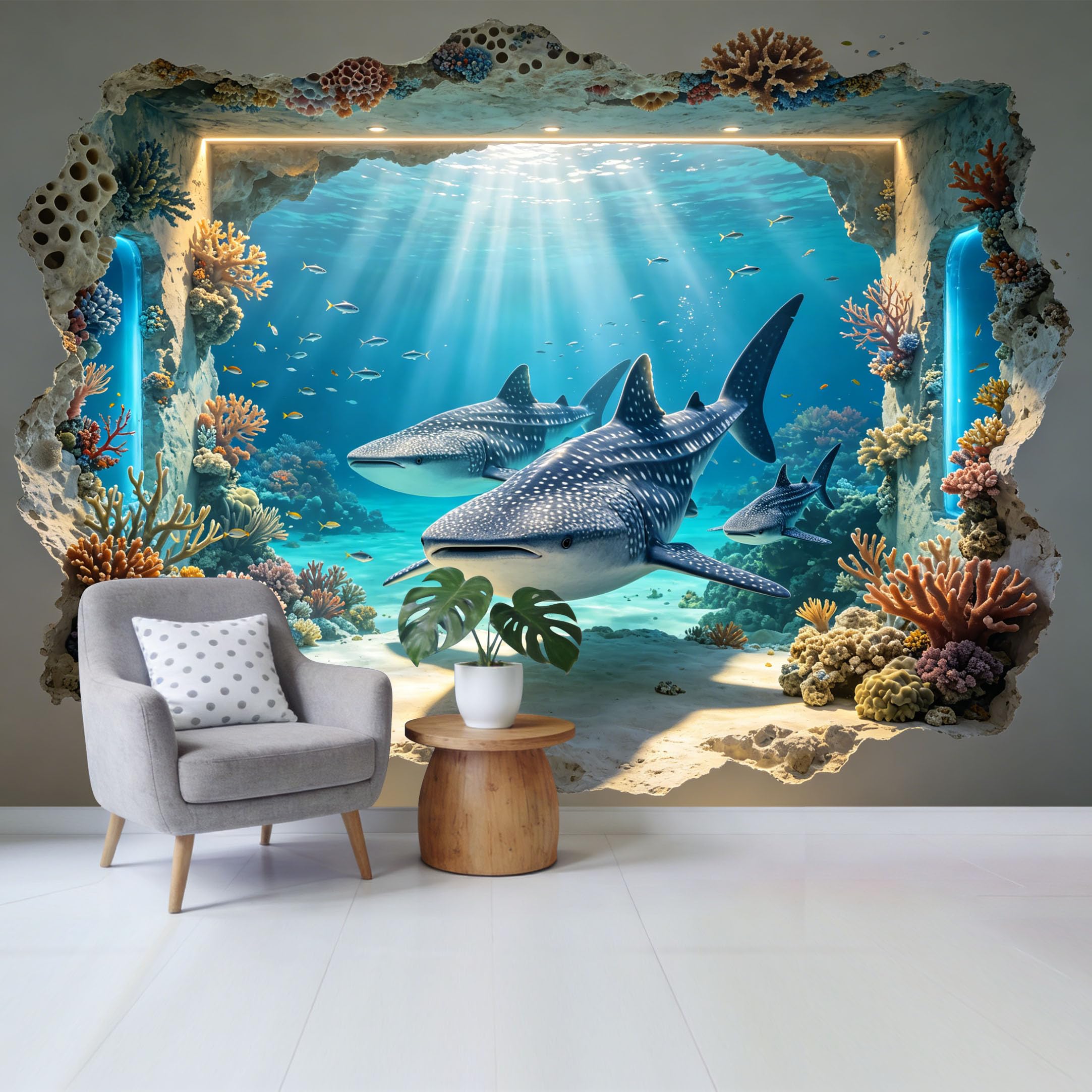 Custom Size Wall Mural 3D Ocean Marine Whale Shark Coral Reef Underwater Landscape Removable Self Adhesive Fabric Home Wall Decor for Living Room Bedroom Bathroom