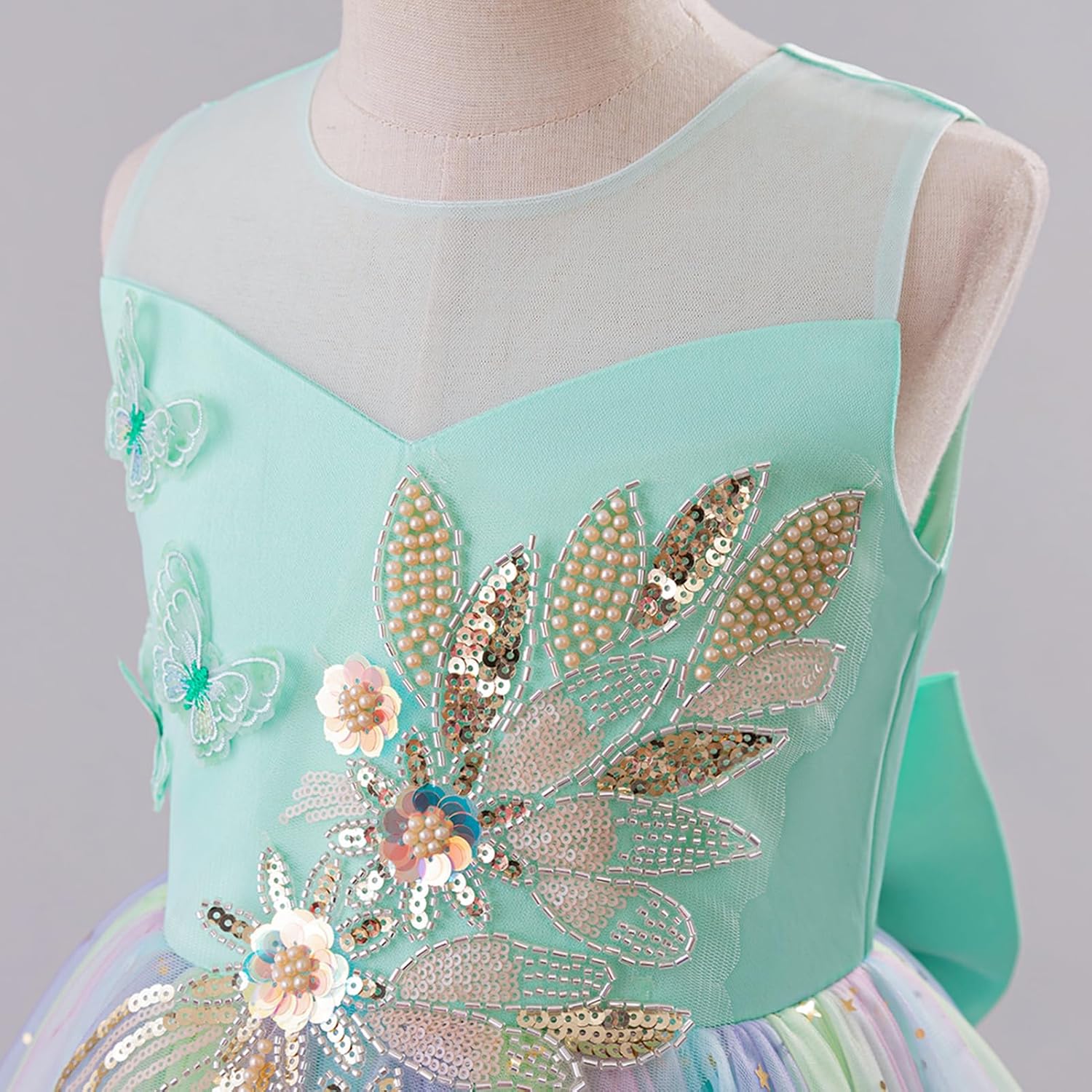 IBTOM CASTLE Flower Girl Sleeveless 3D Butterfly Pearl Sequins Rainbow Tulle Long Dress Kids Wedding Formal Pageant Ball Gown - Image 2