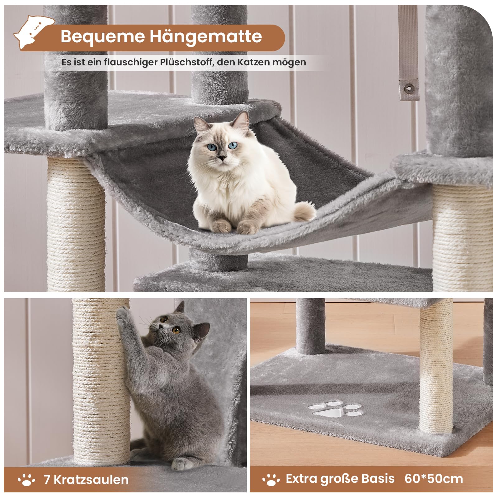MSmask Kratzbaum groß XXL, Katzenbaum stabil mit 3 Aussichtsplattformen, Katzenkratzbaum für große Katzen, Sisalsäulen, Hellgrau