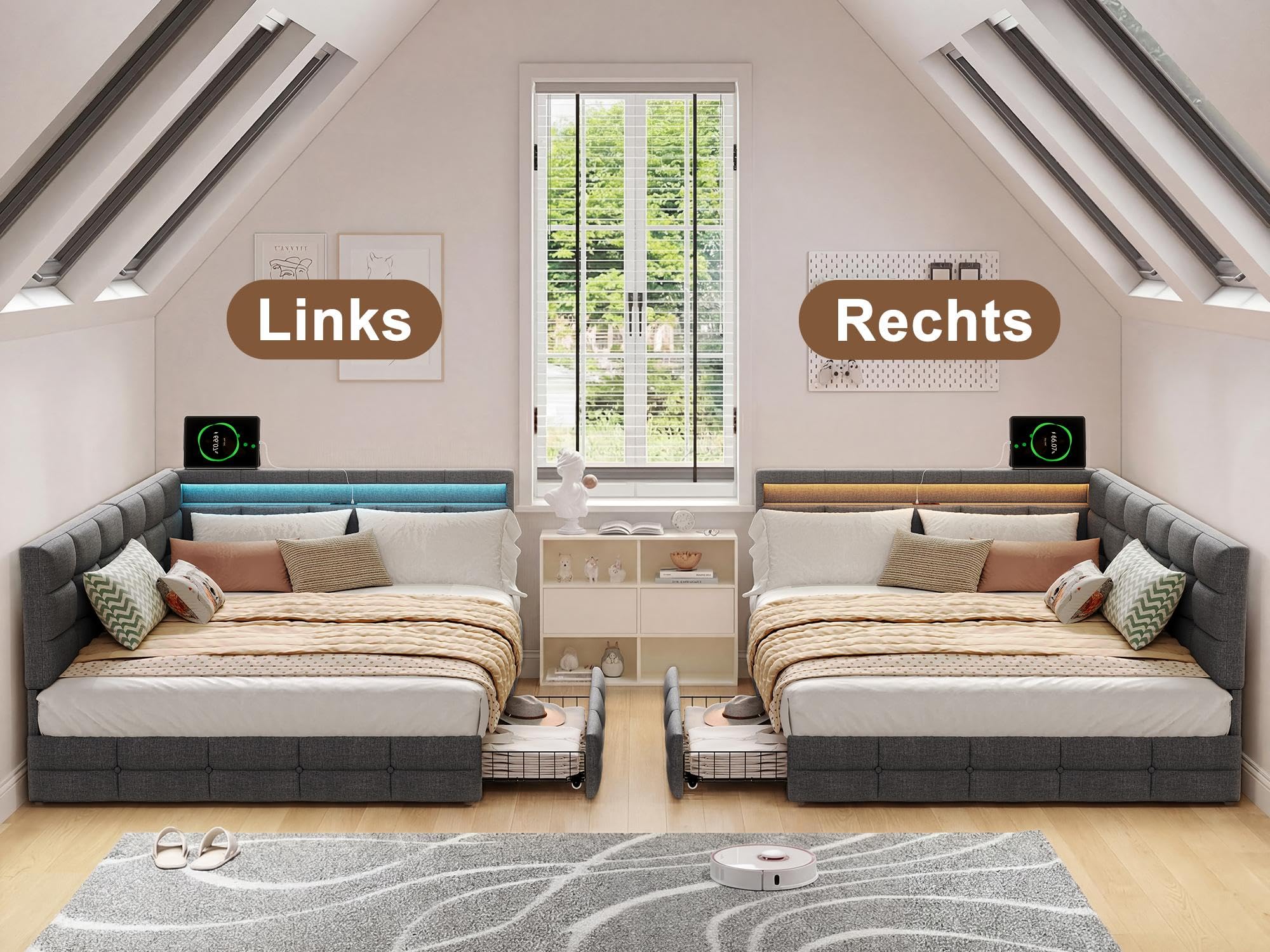 BRILVERDE Letto Contenitore 140x190 con Cassetti, Letto imbottito con luce LED/USB, Divano letto con Testiera contenitore, con Rete a Doghe, Lino(Grigio, 140 x 190 cm)