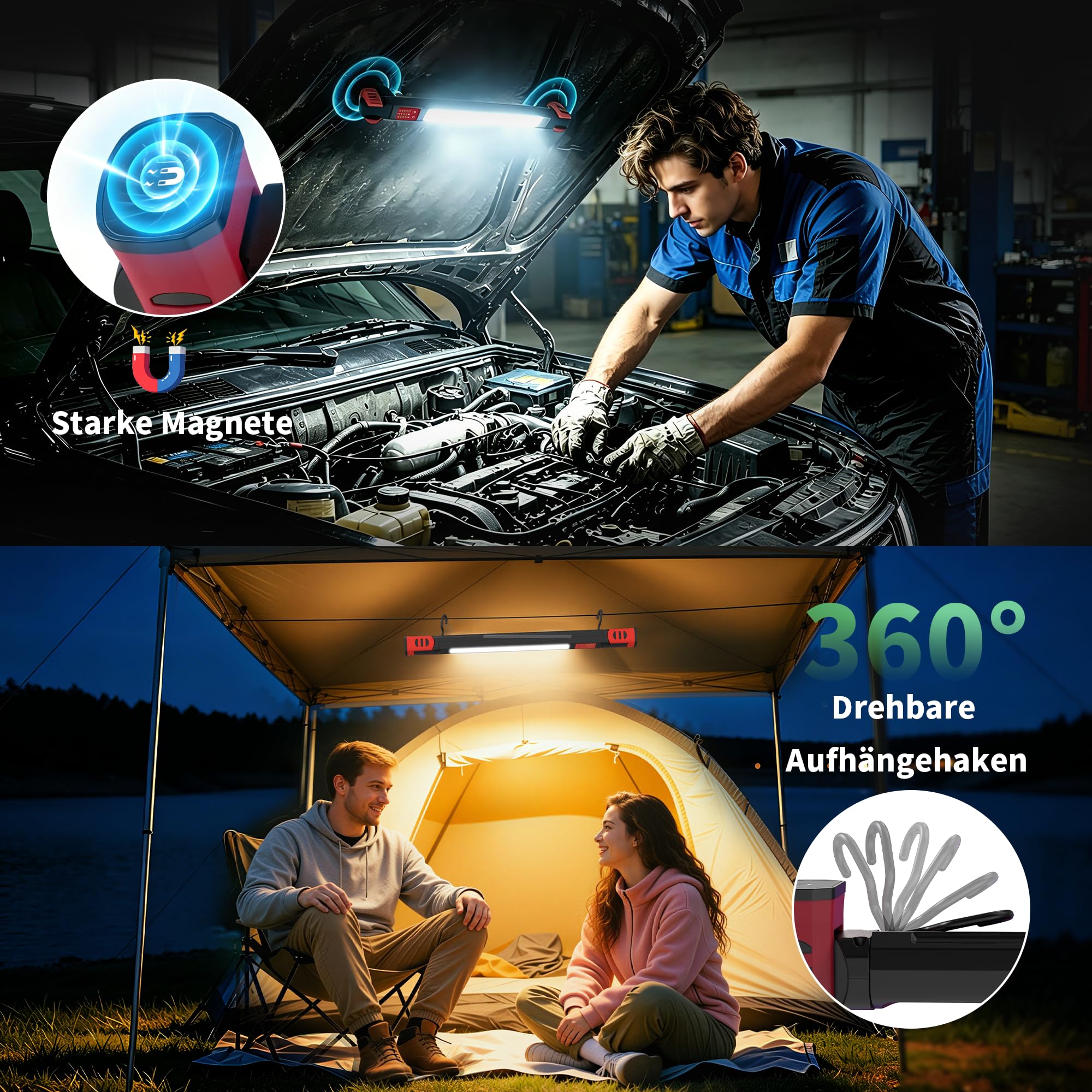 STARBLADE LED Werkstattlampe, Akku Arbeitsleuchte mit Magnet (Red) | IP65/IK07 Wiederaufladbare USB-C Magnetlampe, 7800mAh Motorraumleuchte & Haken für KFZ Auto-Reparatur, Werkstatt, Camping