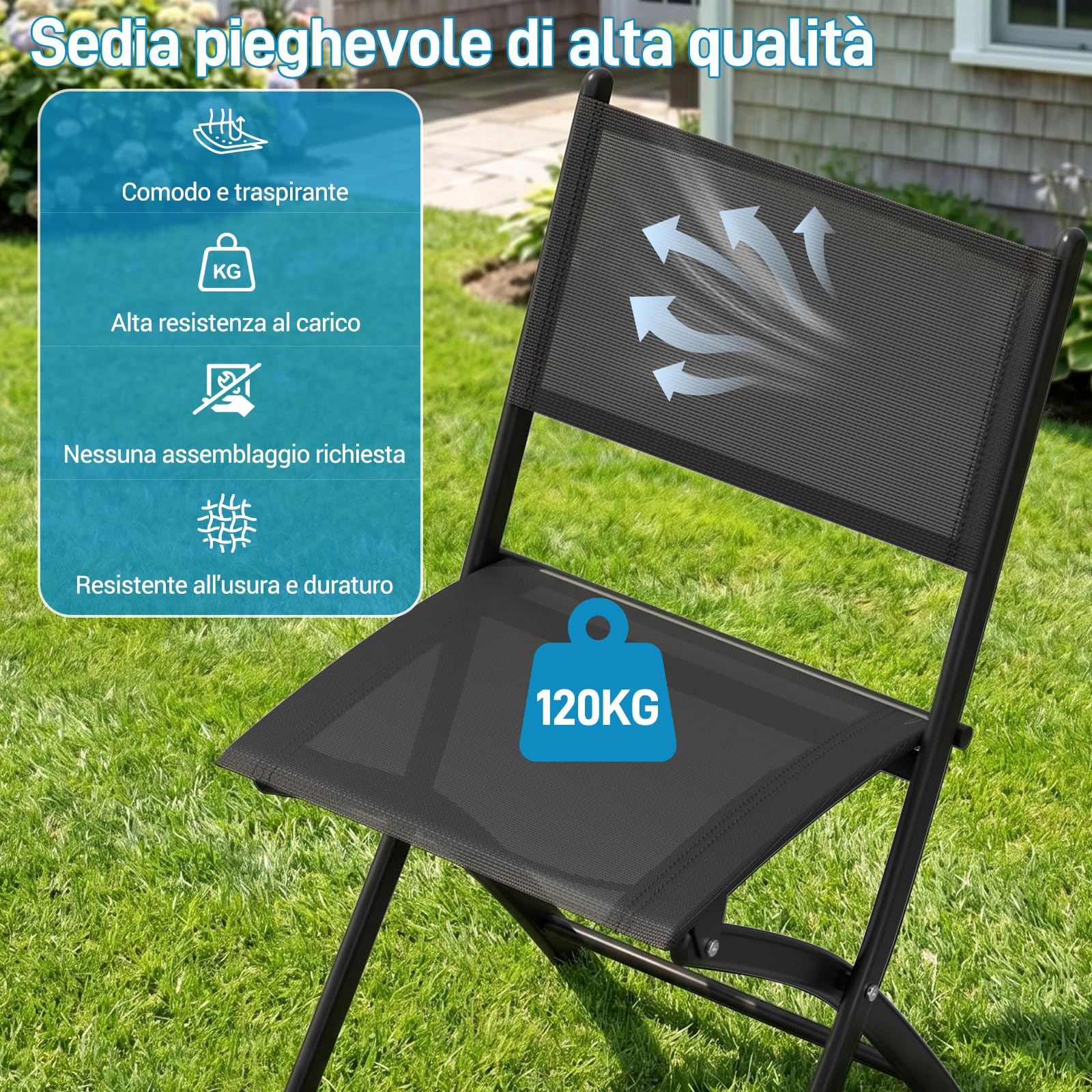 LIFERUN Set da Bistrot 3 Pezzi, Set Mobili Pieghevoli Include 1 Tavolo e 2 Sedie, Resistente alle Intemperie e Traspirante, per Piccoli Balconi e Giardini, Nero