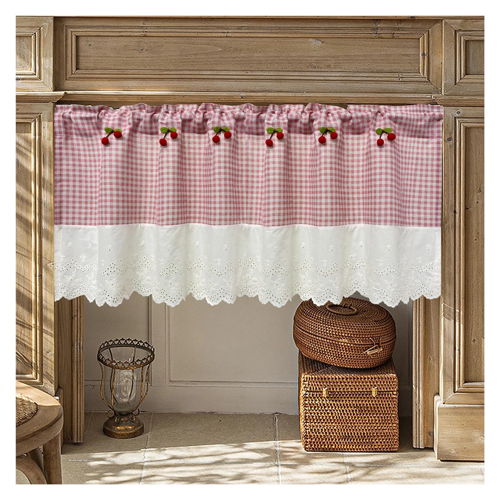 Fdbtyjn Pink Short Curtains 1Pc Short Curtain For Kitchen Vintage Small Window Drape With Cherries Cabinet Cafe Home Decoration(,W150cm X H80cm(1Pc))