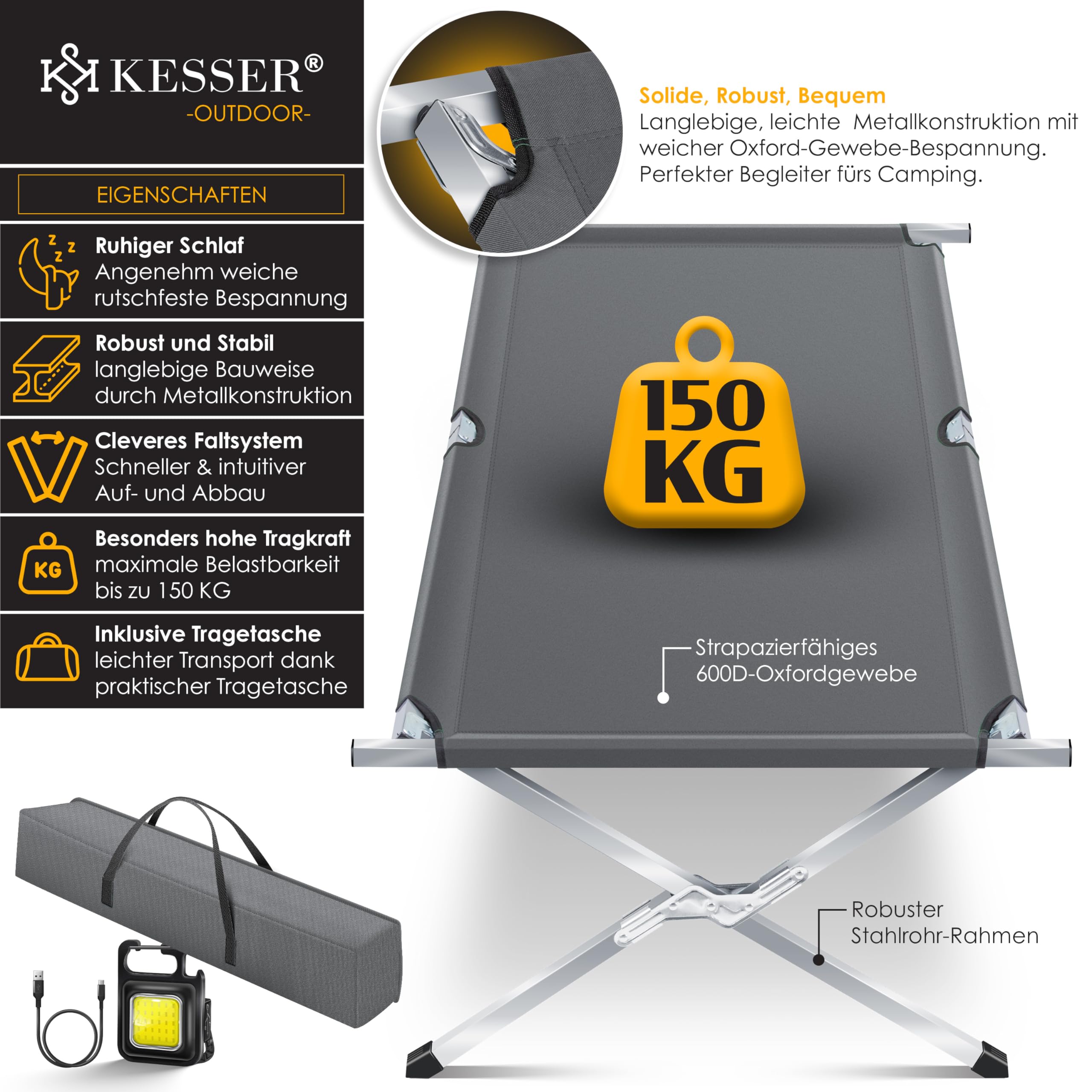 KESSER® Lettino da Campeggio, Letto Pieghevole con Borsa da Trasporto, Borsa Laterale e Luce da Campeggio, Portata Fino a 150 kg, Tessuto Oxford 600D, Lettino Portatile