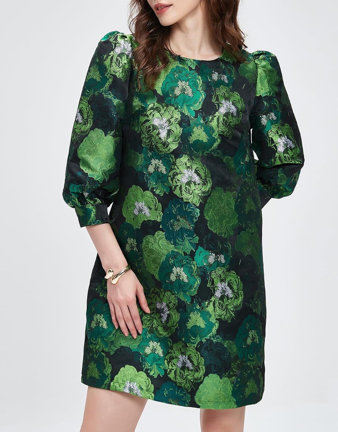 Kedera Women's Jacquard Dress Long Puff Sleeves Shift Mini Elegant Floral Dress Summer Business - Image 4