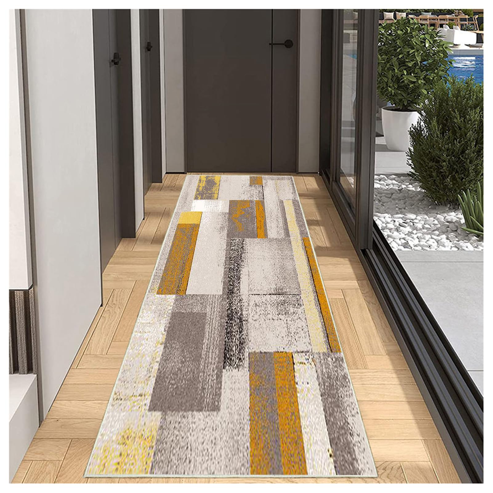 Tapis de couloir géométrique 120x550 cm lavable et antidérapant beige