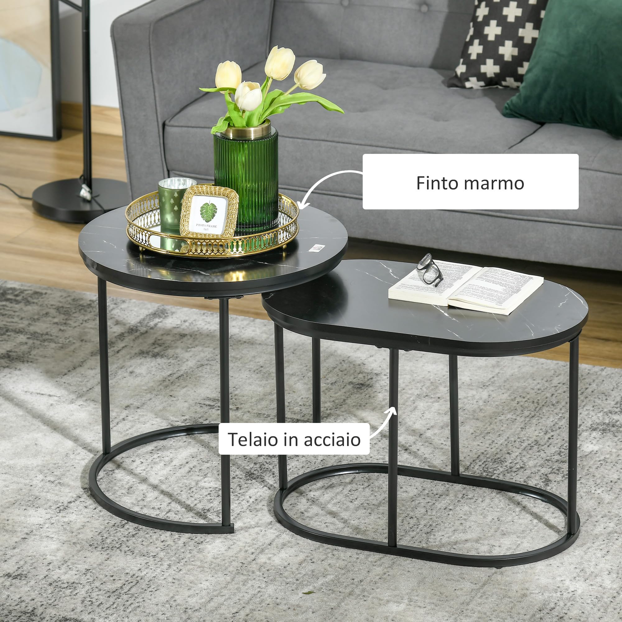 HOMCOM Tavolino Salotto Sovrapponibili con Piano Effetto Marmo, Tavolino da Salotto Moderno con Piedini Regolabili in MDF e Acciaio, per Soggiorno, Camera da Letto, Nero