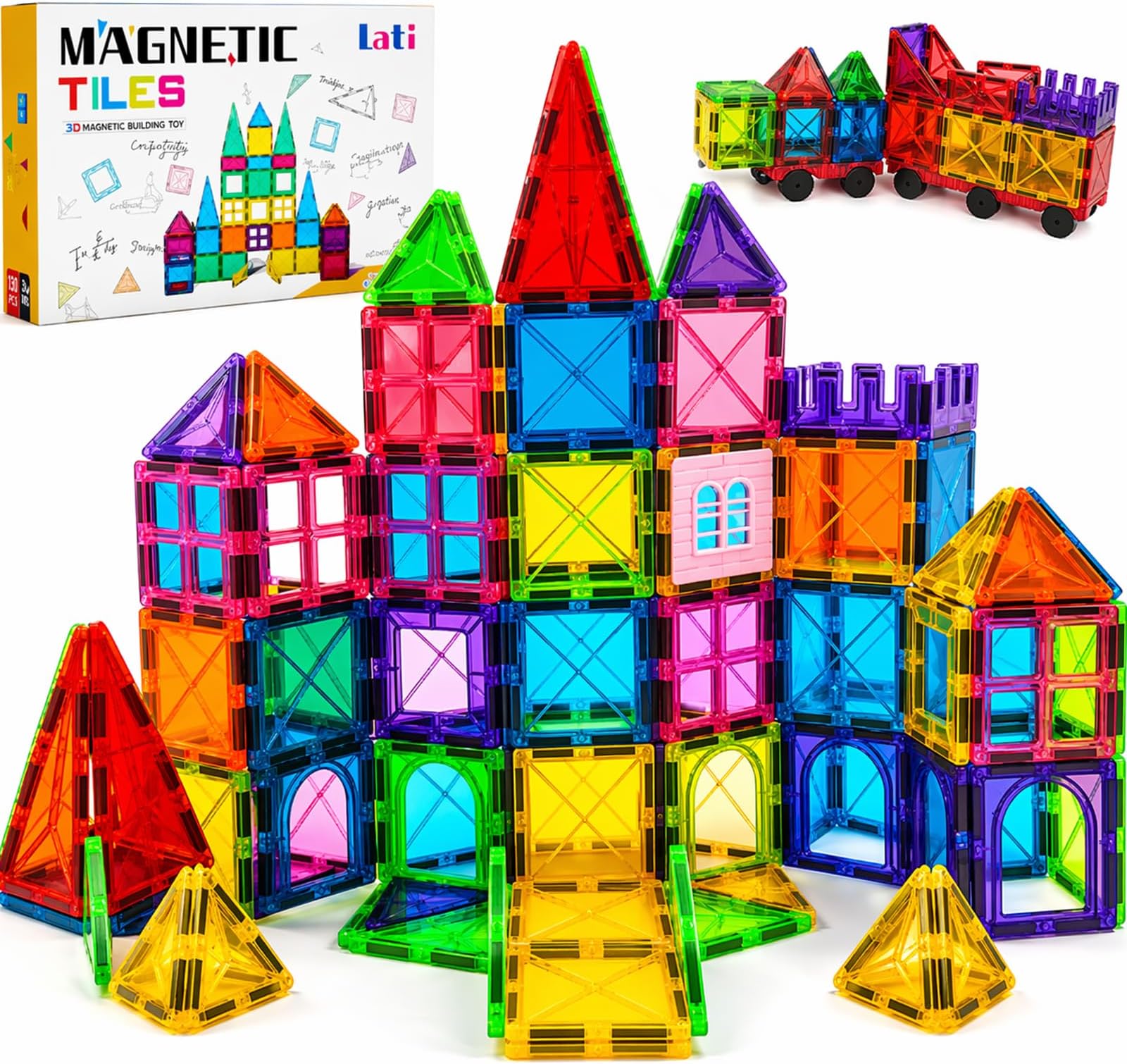 - LATI 130-Piece Magnetic Tiles Building Toy Large Set for Kids,Magnetic Building Blocks Construction Set,Open-Ended Play STEM Educational Toy,Compatible with Other Brands,Gift for Boys & Girls Ages 3–8