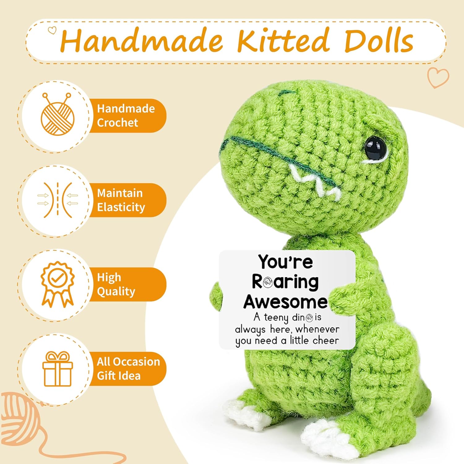 Inspirational Crochet Cheerful Dinosaur – Handmade Cute Reminder Emotional Cheer Uplifting Support Funny Gift for Women Student College Coworkers Birthday Graduation Christmas Stuffers Friendship