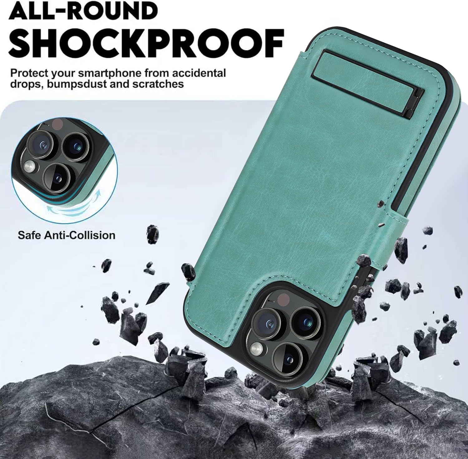 for iPhone 15 Pro Max Wallet Case with Stand,PU Leather Flip Credit Card Holder Slots (RFID Blocking),Compatible with Magsafe Magnetic Holder Phone Cover Women Men,Green