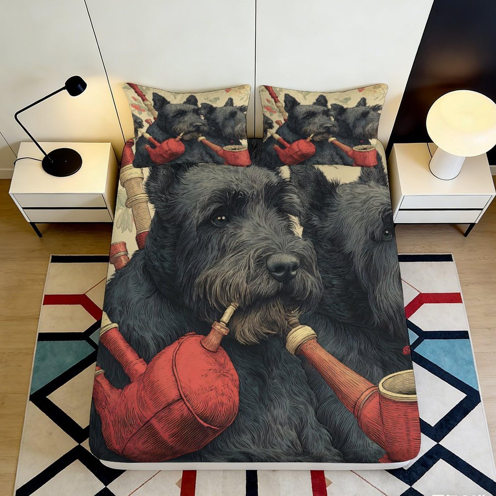 3D Printed Scottish Terrier Pipe Art Fitted Sheet Microfiber Bed Cover Anti-Slip Washable for Bedroom Guestroom Decor 90x200x25cm