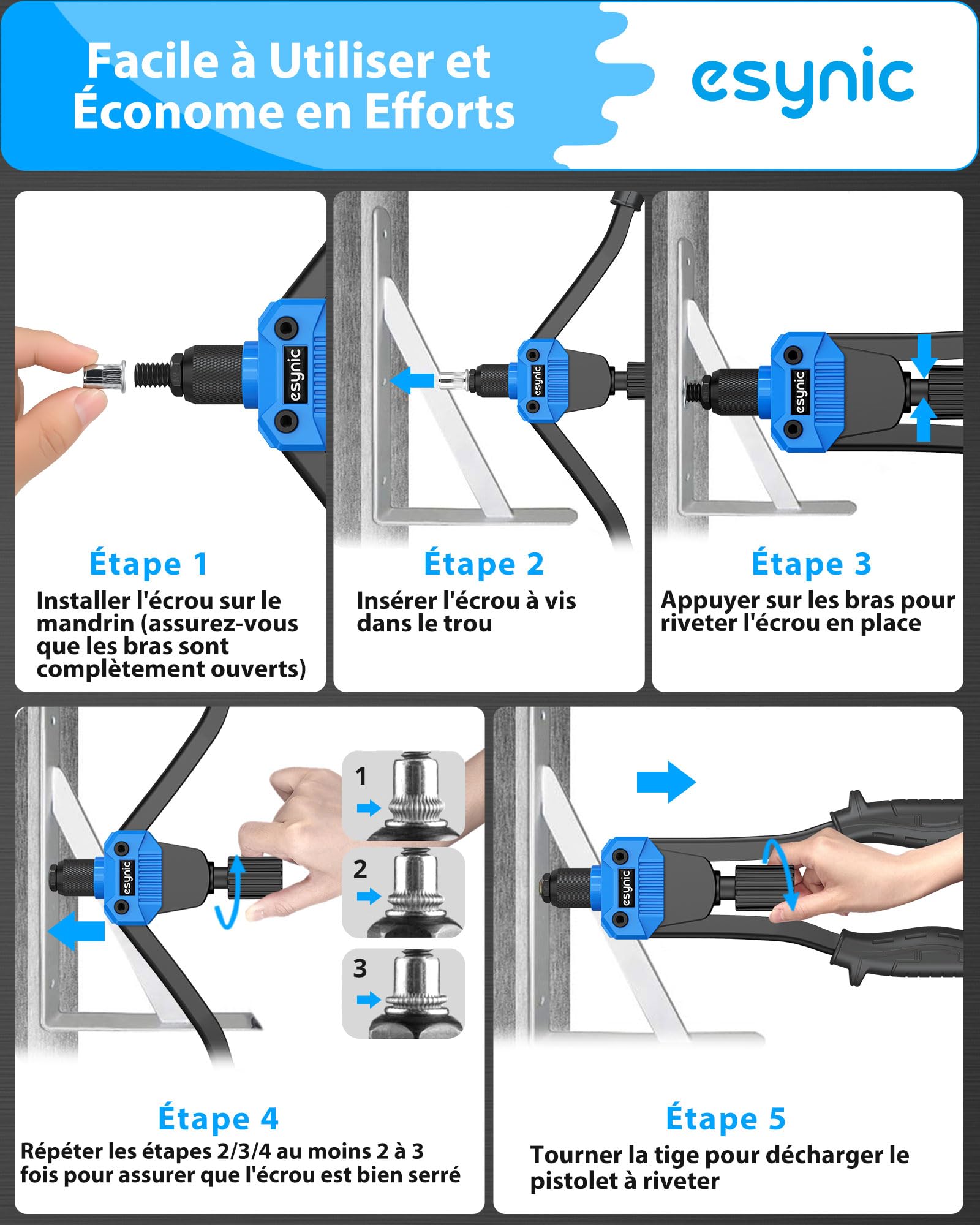 eSynic 13" Pince à Insert Fileté avec 7 Mandrins M3 M4 M5 M6 M8 M10 M12 avec 110 Écrous Pince à Riveter Riveteuse Poignée Antidérapante Remplacement Aisé Pince à Rivet Insert avec Tui de Transport