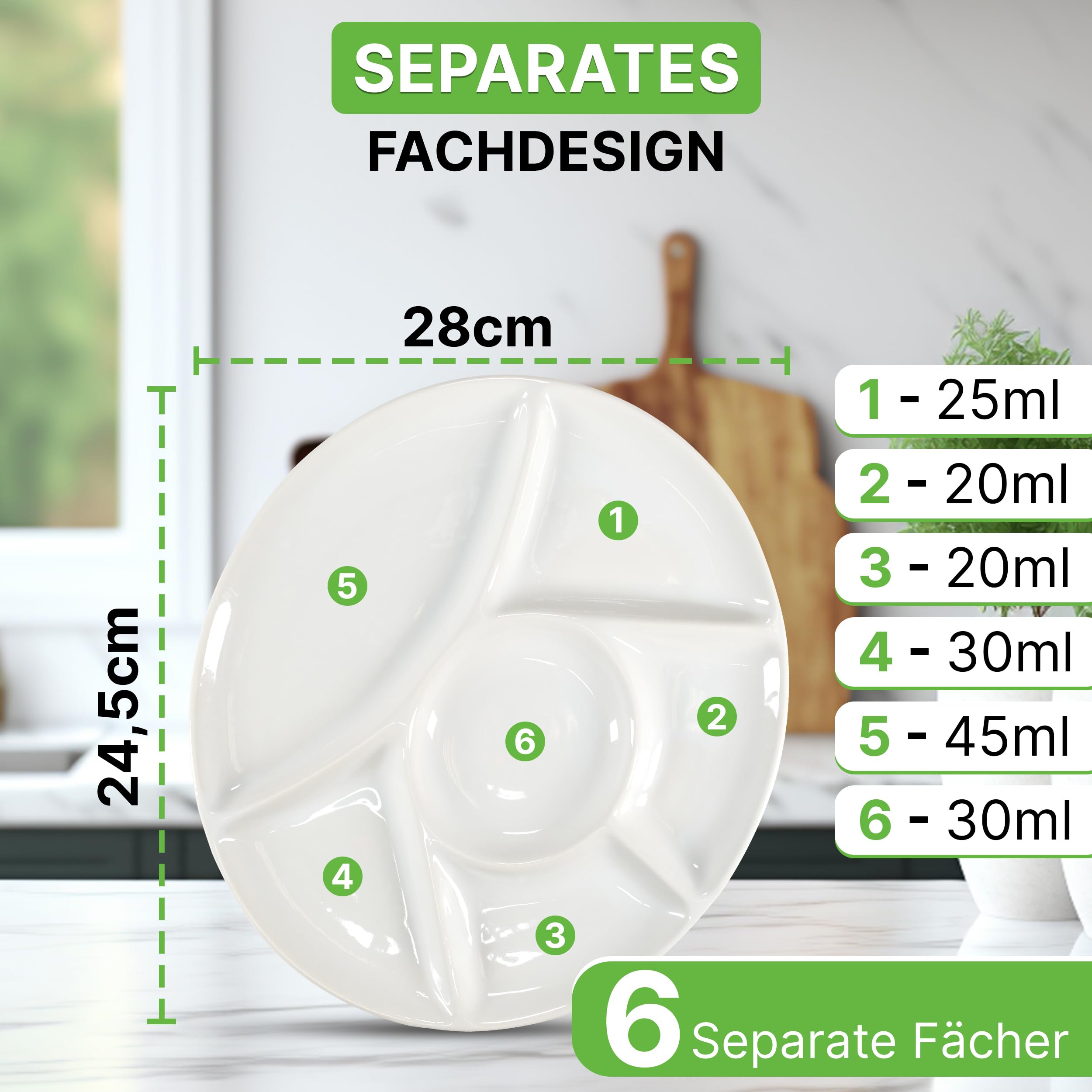 Oramics Fondueteller Porzellan Fondue Teller mit Unterteilung 23 cm rund weiß - Racletteteller Grillteller Snackteller mit Fächern - BBQ Raclette Menüteller Servierteller mit 6 Einteilungen (8er Set)