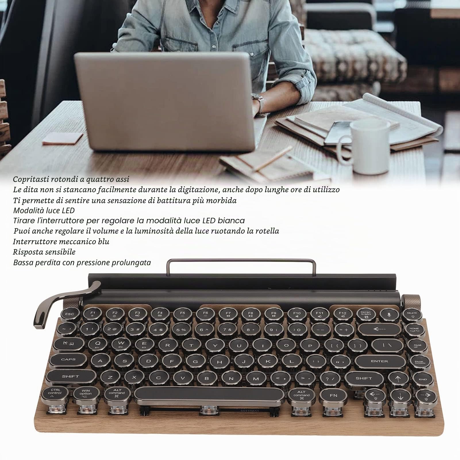Bewinner Tastiera da Gioco Meccanica Wireless Bluetooth, Impermeabile a 83 Tasti Con Illuminazione RGB, Stile Macchina da Scrivere Retrò Con Copritasti Rotondi, per PC