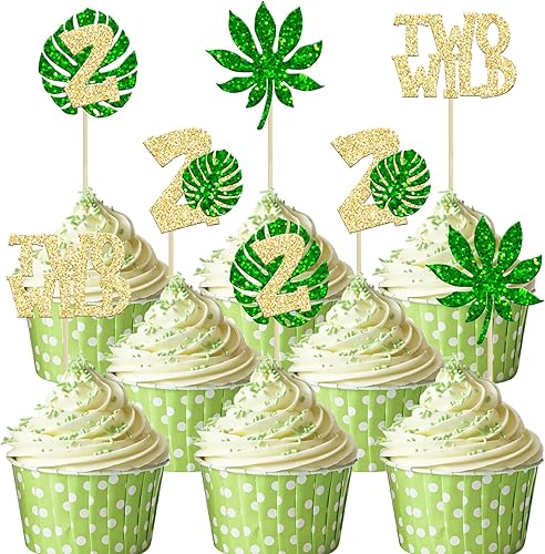Miniatura 5 de Gyufise 24 piezas de decoración de cupcakes de tres hojas de palmera con purpurina y hojas de Monstera con purpurina y tres púas para cupcakes