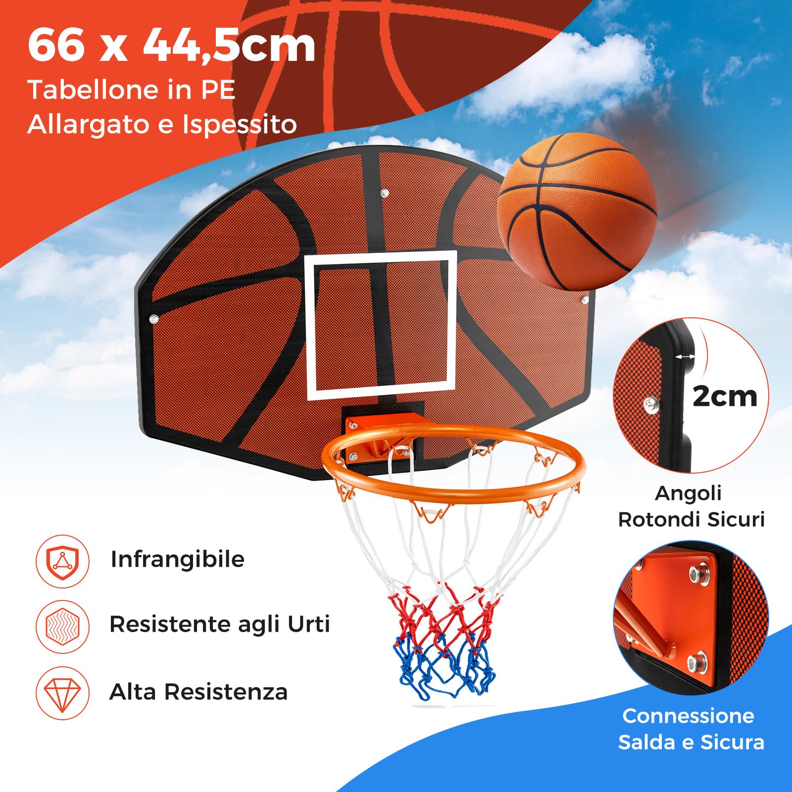 COSTWAY Tabellone Basket da Muro per Bambini e Adulti, Canestro da Basket a Parete da Interni ed Esterni con Tabellone Antiproiettile da 66,5 x 44,5 cm, Rete Anti-strappo e Accessori Completi