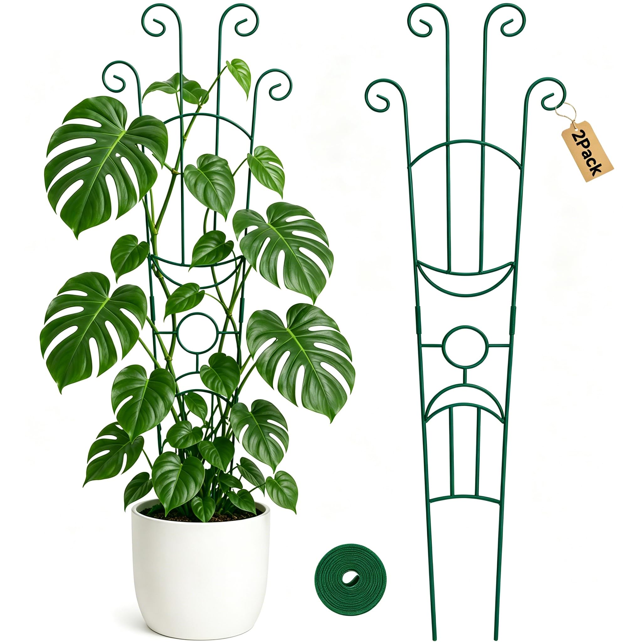 KINGLAKE Metal Garden Plant Trellis for Climbing Plants, 2 Pack 83x27cm Decorative Expandable Green Indoor Plant Support Frame Trellis wit Plant Tape for Pots Climber Monstera Rose Ivy Pothos Vines