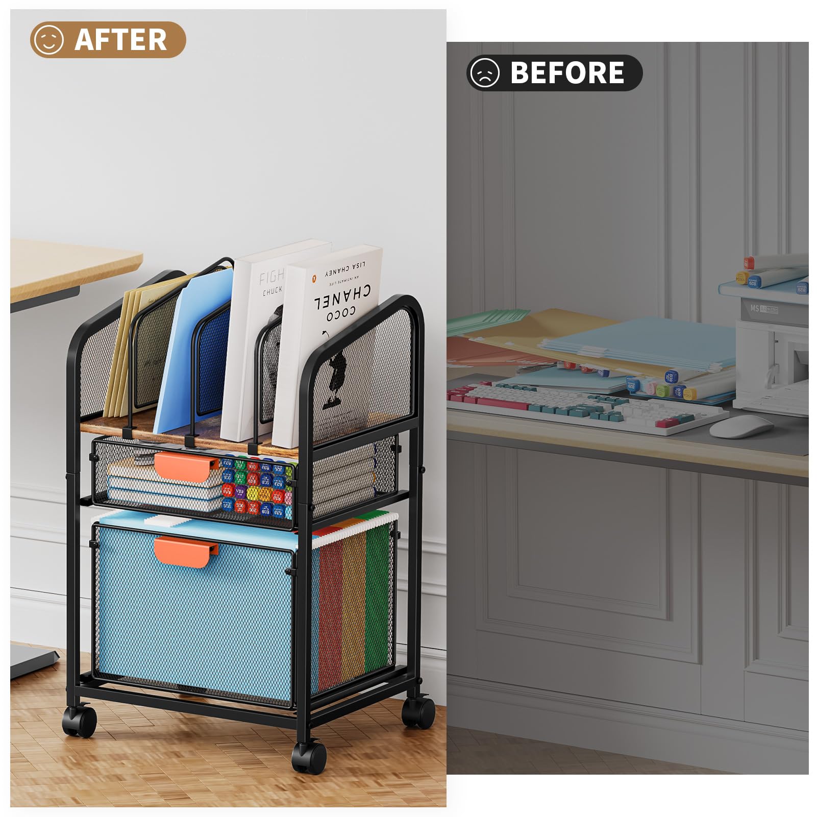 Marbrasse Carrello portadocumenti con divisori regolabili, armadietto mobile su ruote bloccabili, organizer per schedario da ufficio, organizer per cartelle da appendere, per casa e ufficio, marrone