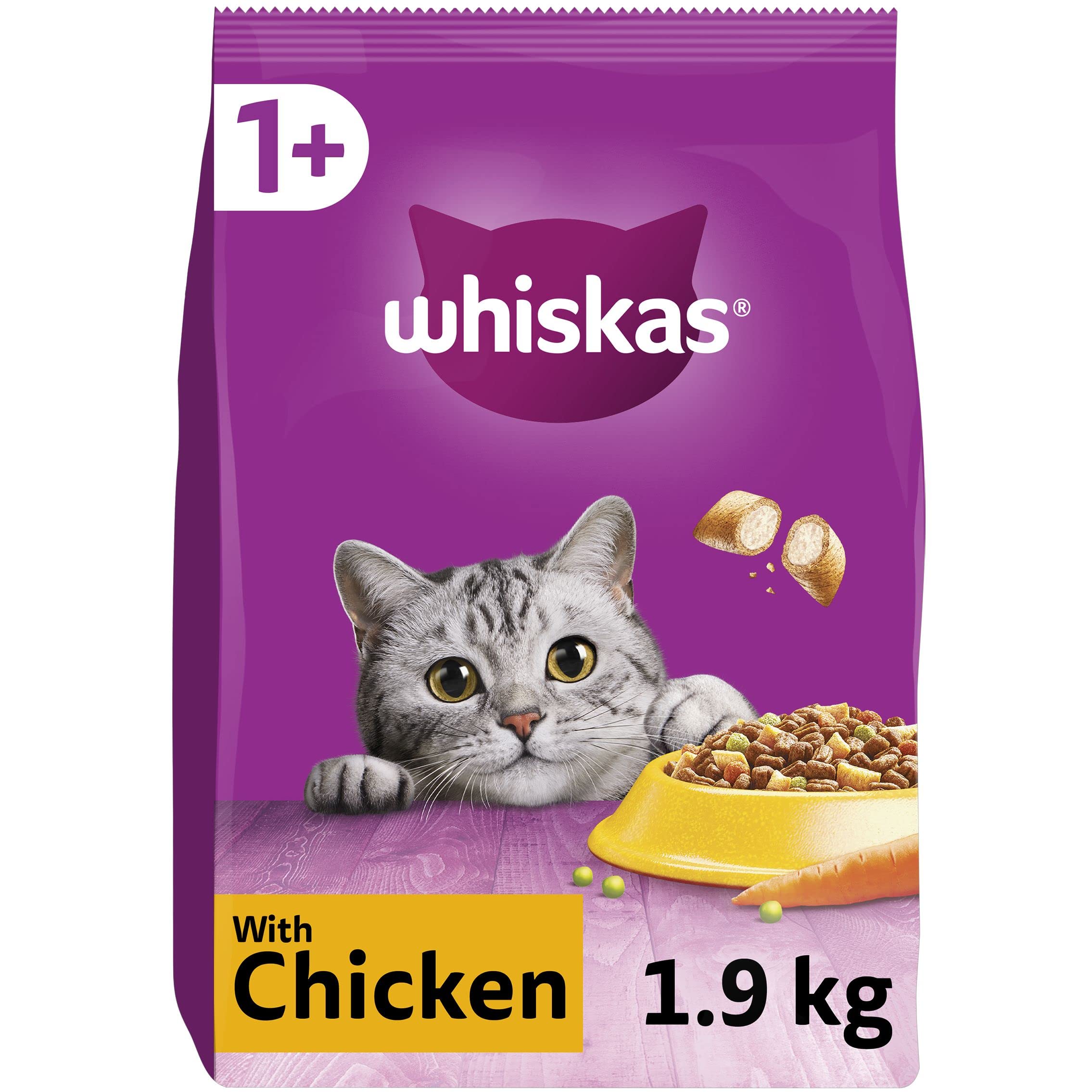 whiskas1+ Chicken Pack of 4 x 1.9 kg Bags, Adult Cat Dry Food
