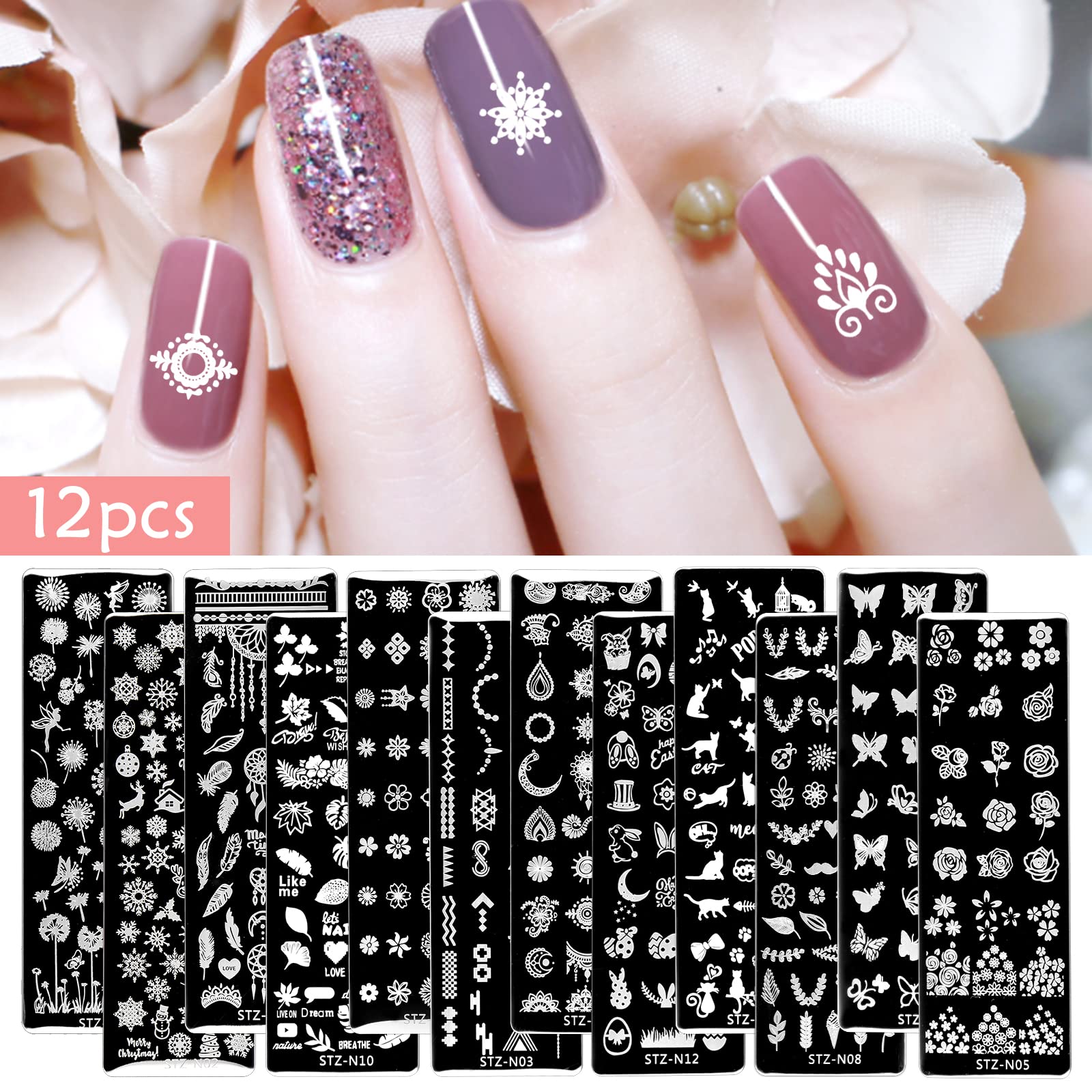 Nail Art Stamping Kit Plantillas para Uñas con Bolso Placas Sello Raspador Silicona